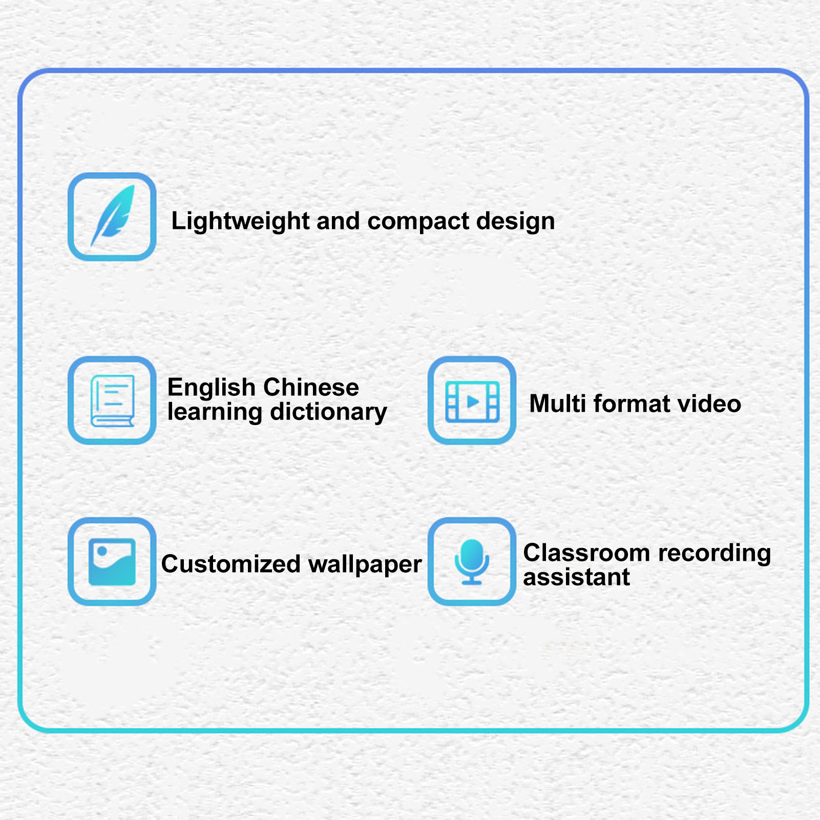 Blau umrandete Grafik von Funktionen: Leichtes Design, Lerndictionary, Multi-Format-Video, Hintergrundbild und Assistent.