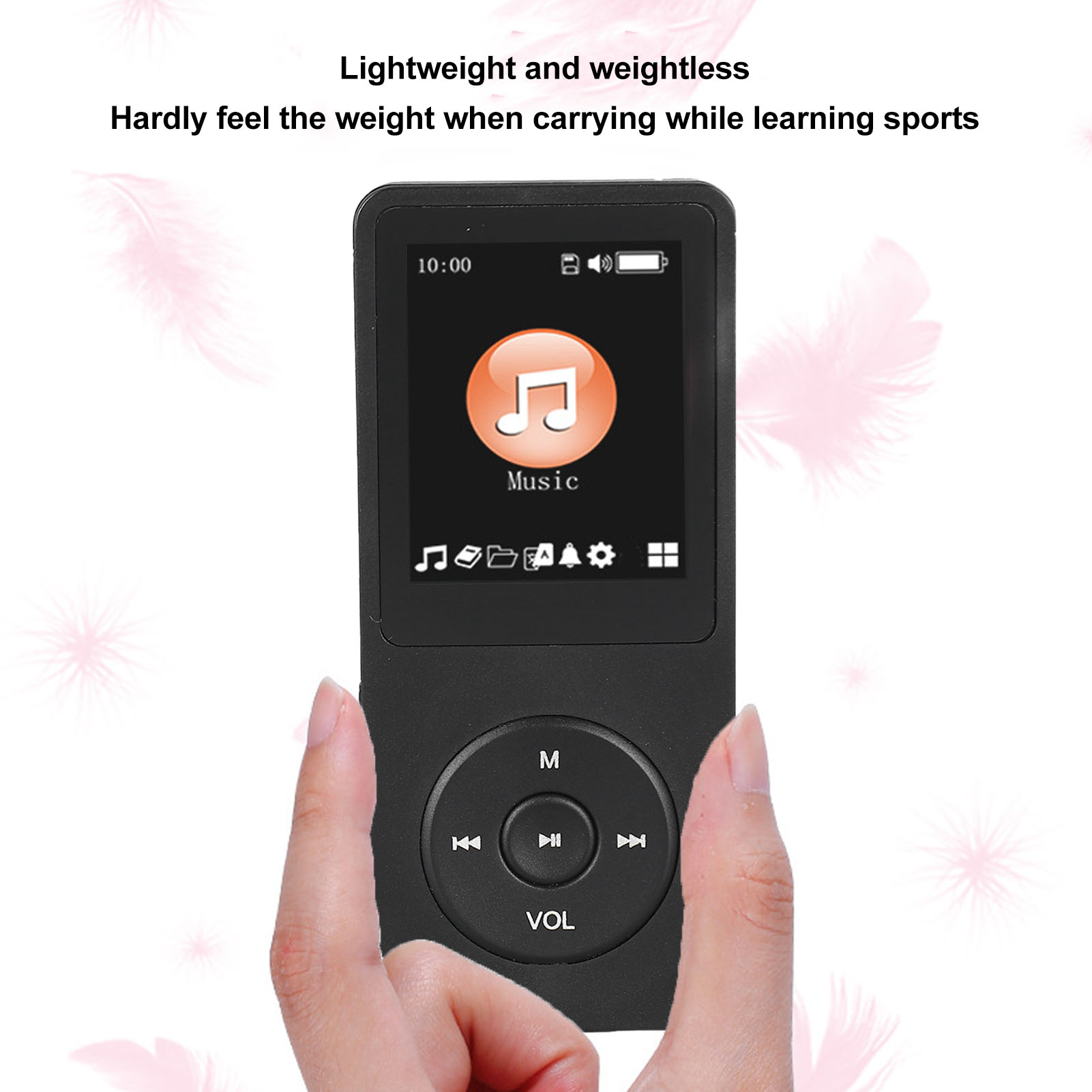 Ein schwarzer MP3-Player mit Musiksymbol in einer Hand. Der Hintergrund ist rosa mit Federn.
