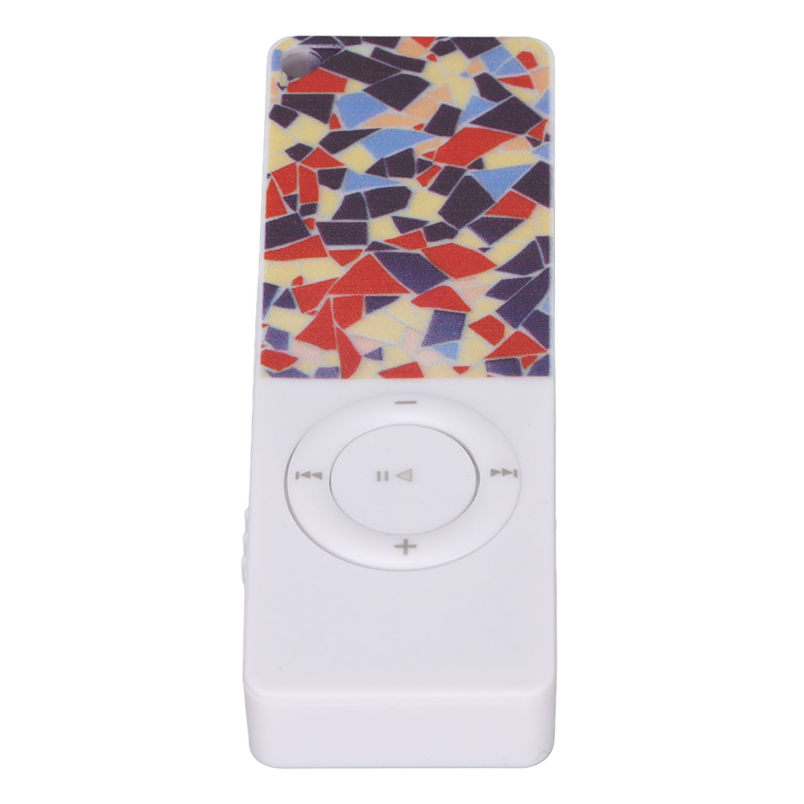 Weißer MP3-Player mit buntem Mosaikmuster oben, ein kreisförmiges Bedienfeld.