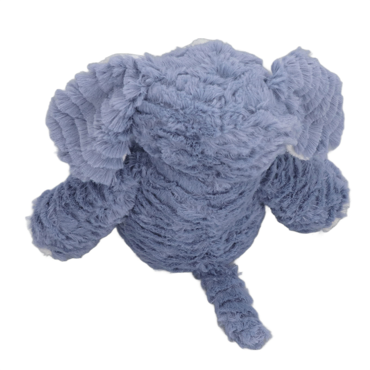 Ein blaues Stofftier-Elefanten auf weißem Hintergrund. Der Elefant ist abgewandt.