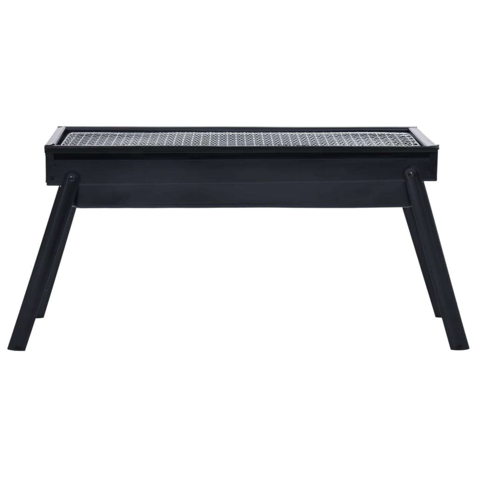 Schwarzer Grill mit Edelstahl-Grillrost, Beinen und rechteckigem Korpus.