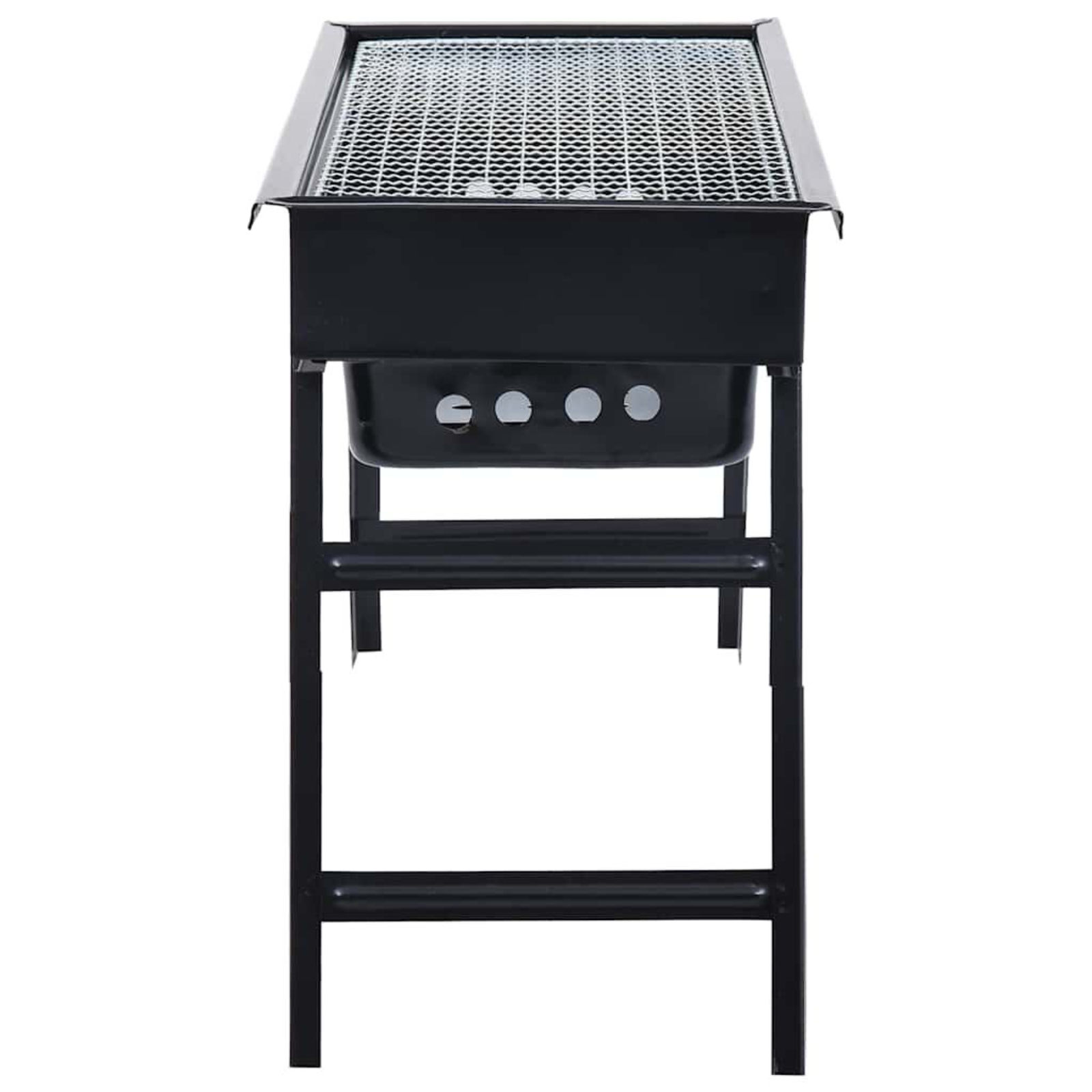 Ein schwarzer Holzkohlegrill mit einem Metallrost auf einem schwarzen Metallrahmen.