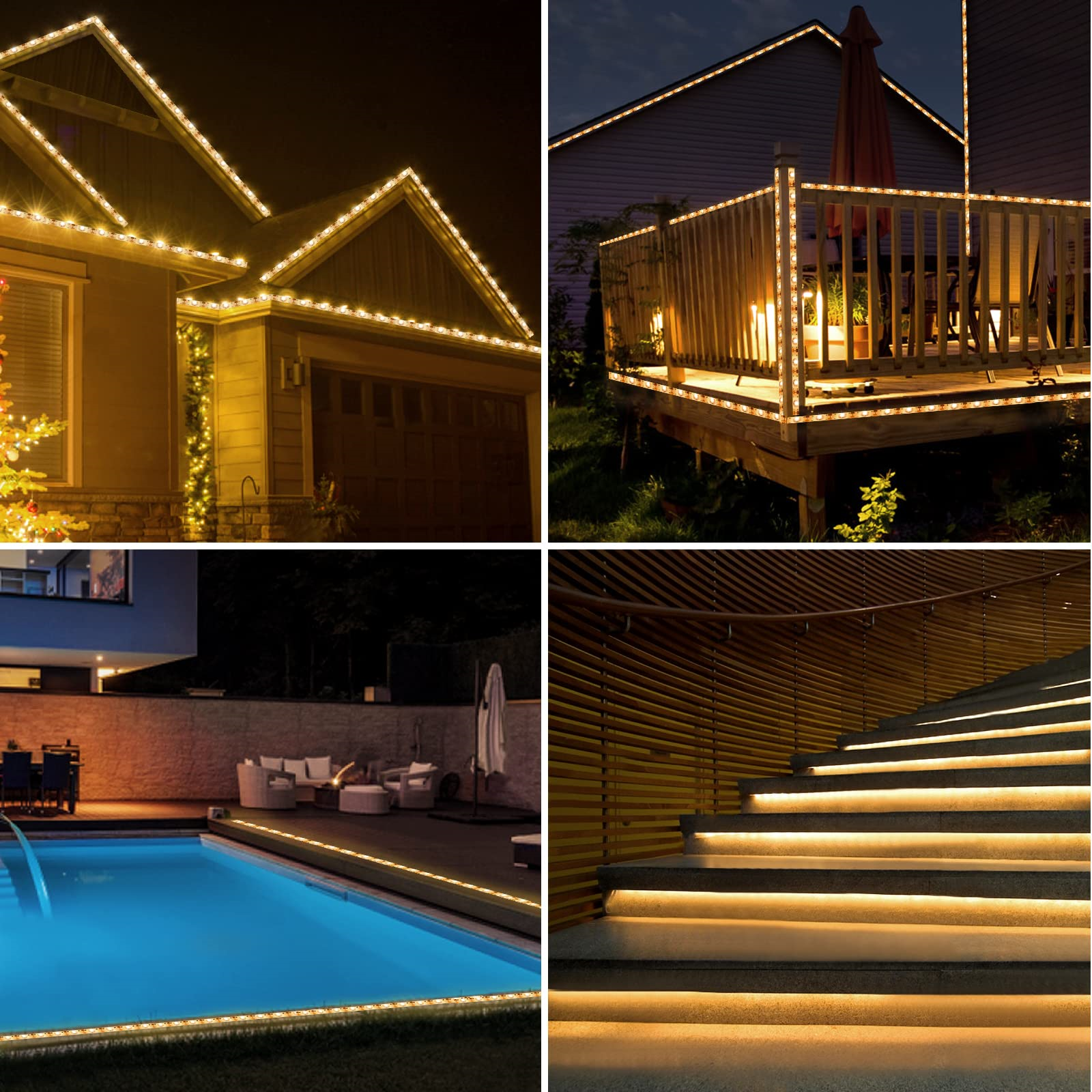 Vier Bilder: Haus, Deck, Pool und Treppe, alle mit dekorativen Lichtern.