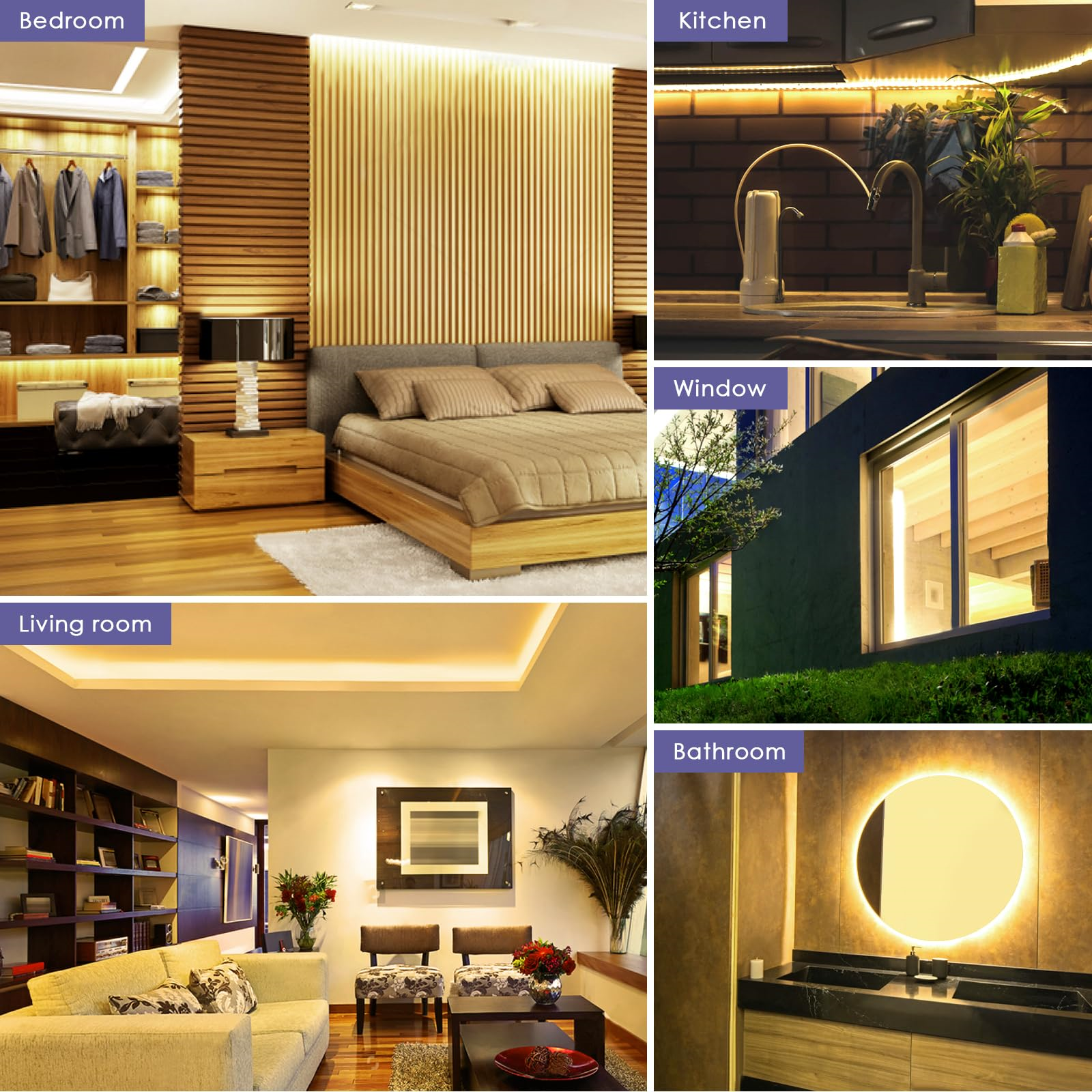 Verschiedene Räume mit LED-Streifen: Schlafzimmer, Küche, Fenster, Wohnzimmer, Badezimmer.