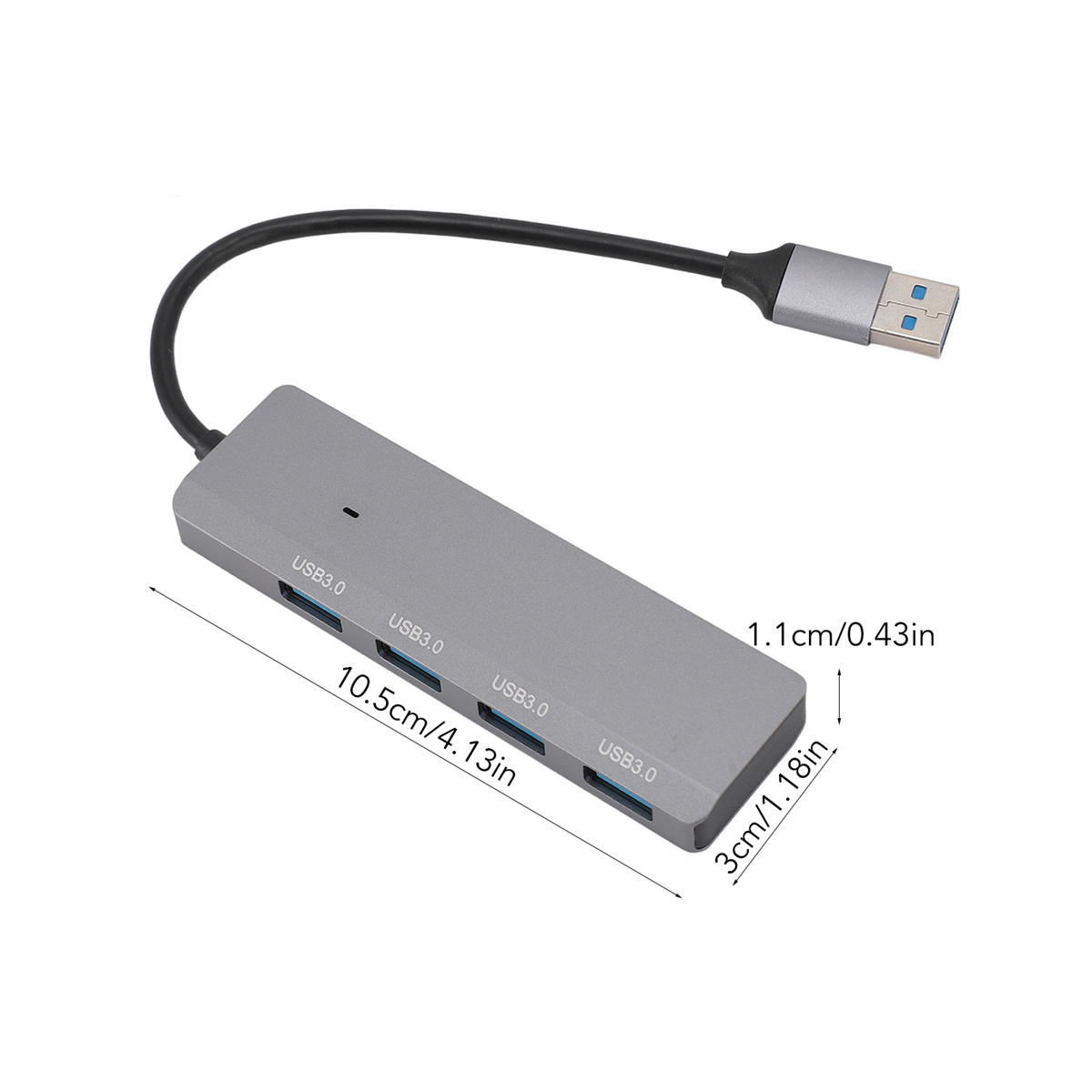 Grauer USB-Hub mit vier USB3.0-Anschlüssen und angeschlossenem Kabel. Abmessungen angegeben.