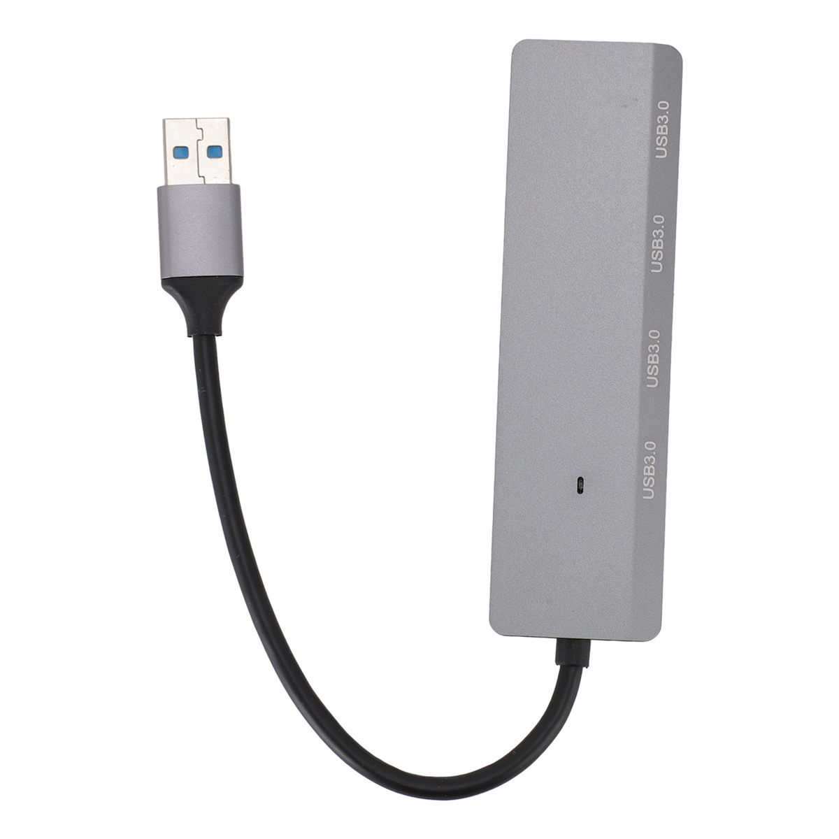 Ein grauer USB-Hub mit vier USB 3.0-Anschlüssen, verbunden durch ein schwarzes Kabel.