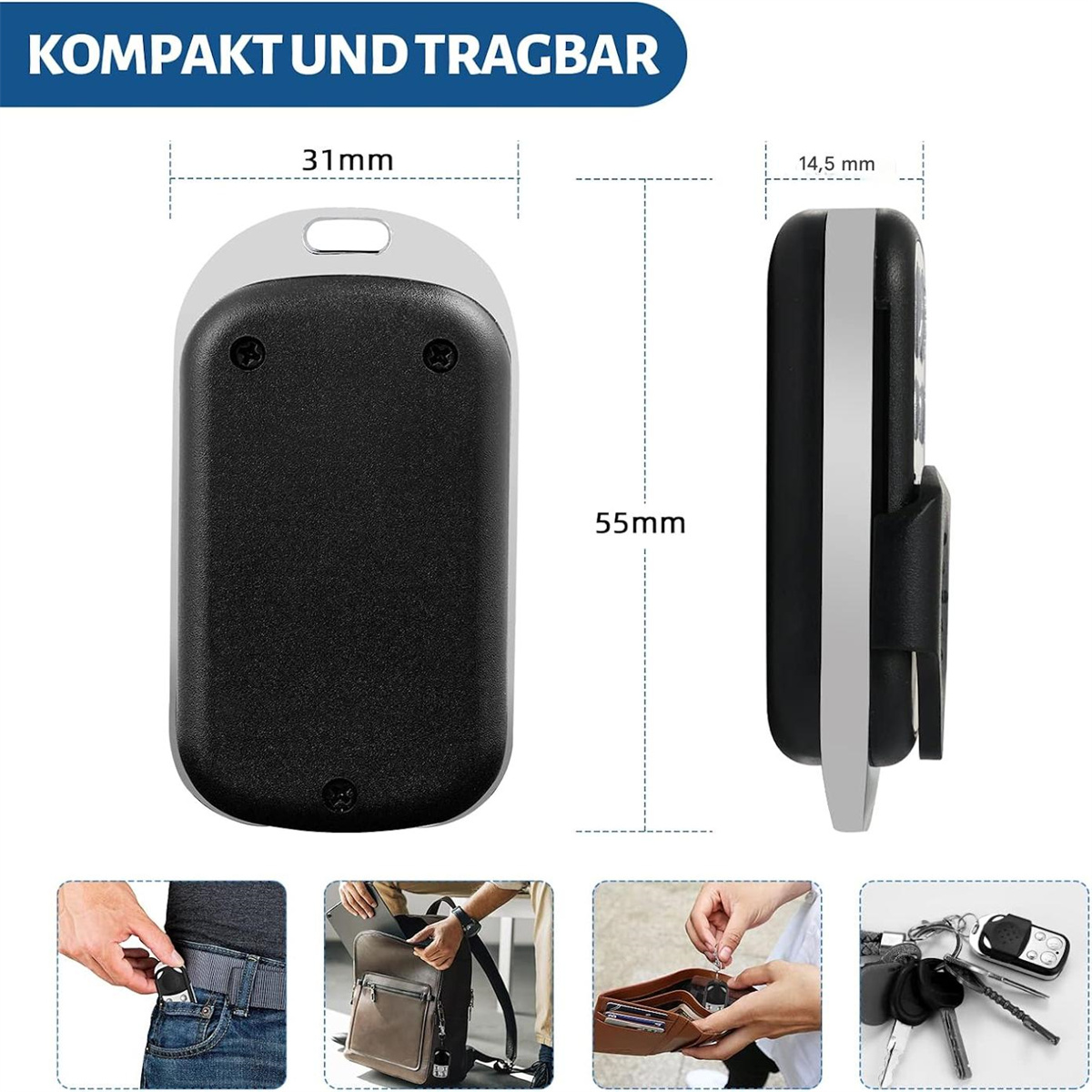 Ein weißer Schlüsselanhänger mit schwarzen und silbernen Knöpfen, mit Maßangaben.