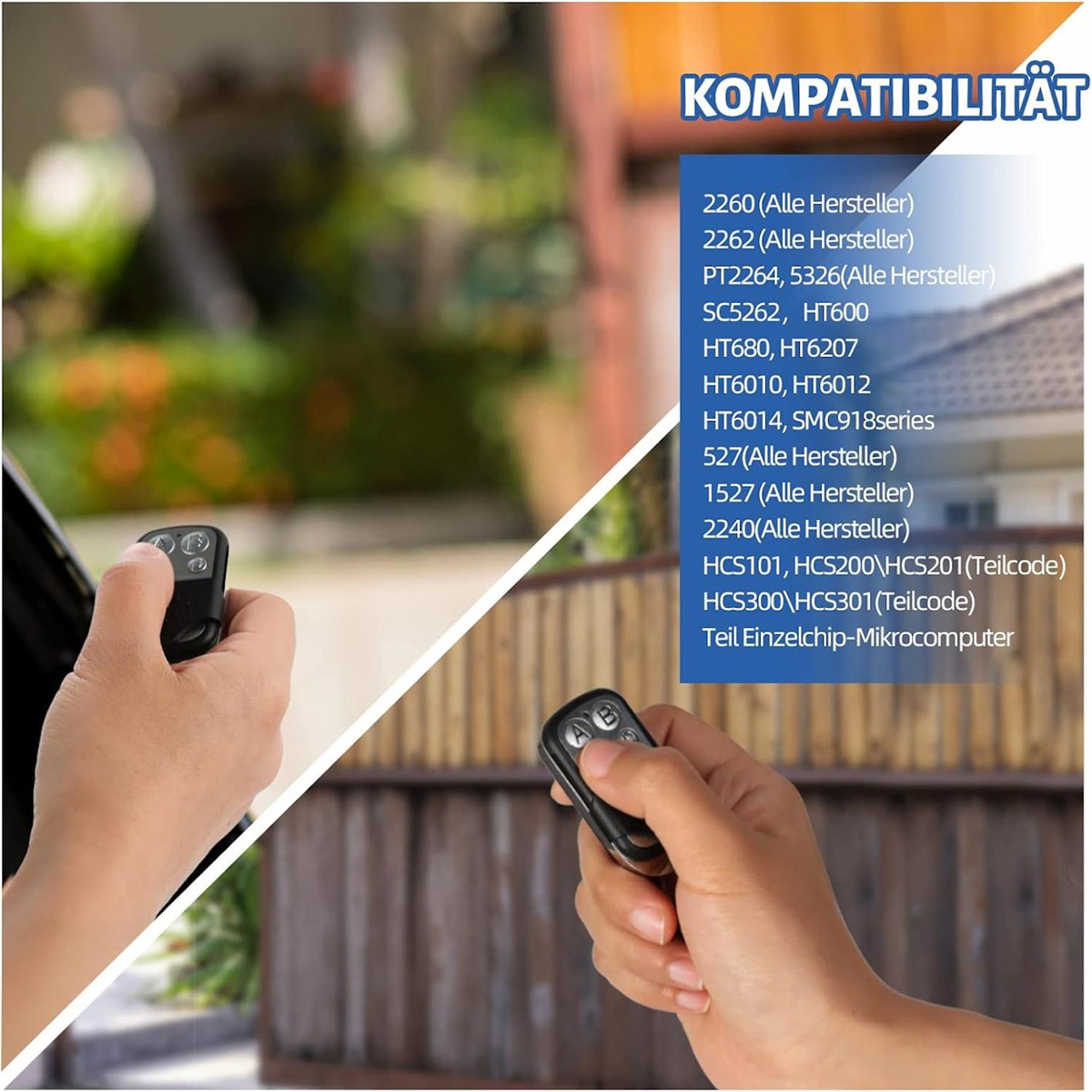Hände halten Fernbedienungen mit Text über Kompatibilität. Holz Hintergrund.