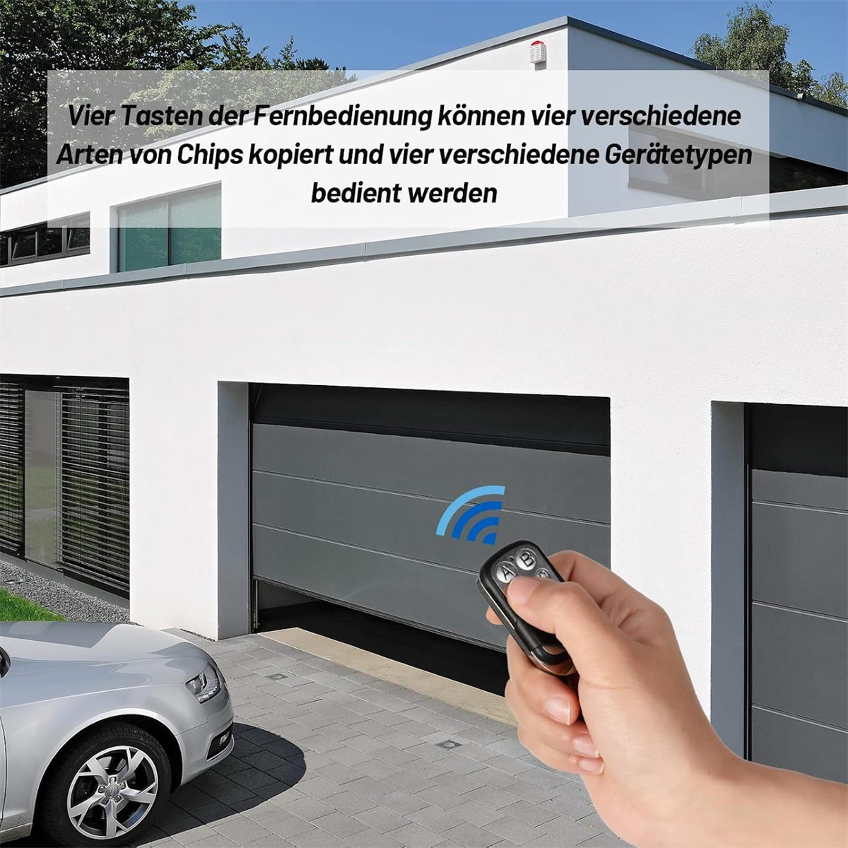 Eine Person hält eine Fernbedienung vor einer Garagentür. Text auf dem Bild ist auf Deutsch.