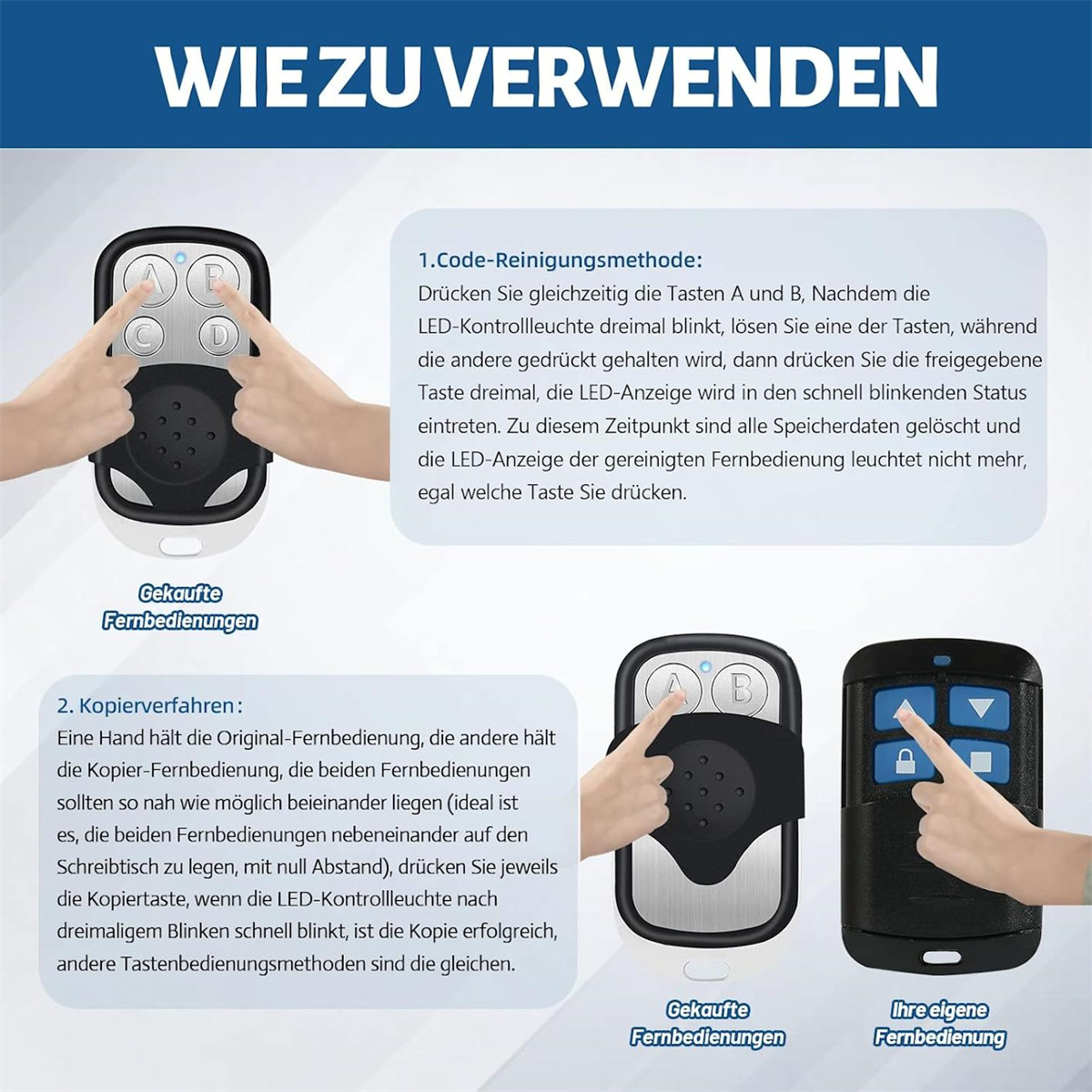 Anweisungen zur Verwendung einer Fernbedienung zum Kopieren einer anderen. Enthält Diagramme und Text auf Deutsch.