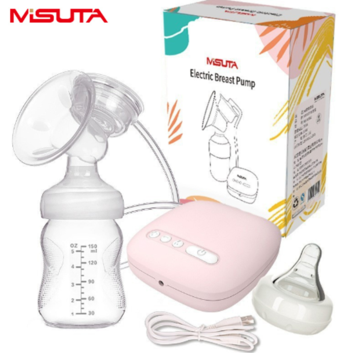 Eine rosa elektrische Milchpumpe mit Zubehör, einschließlich einer Flasche und einer Box. Die Marke ist Misuta.