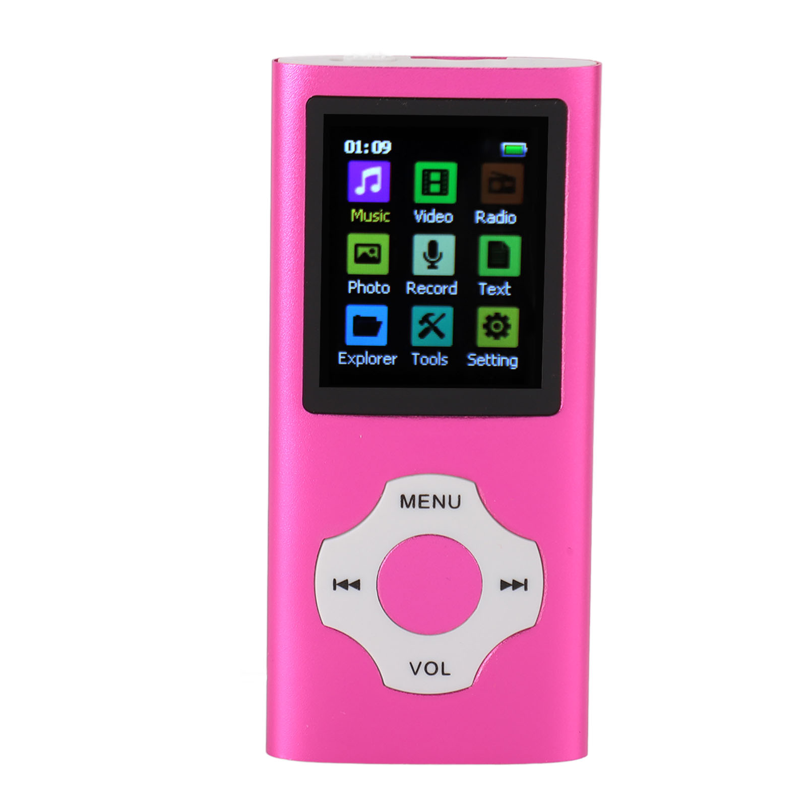 Pinkfarbener MP3-Player mit Bildschirm, der Symbole für Musik, Video usw. anzeigt. Weißer Hintergrund.