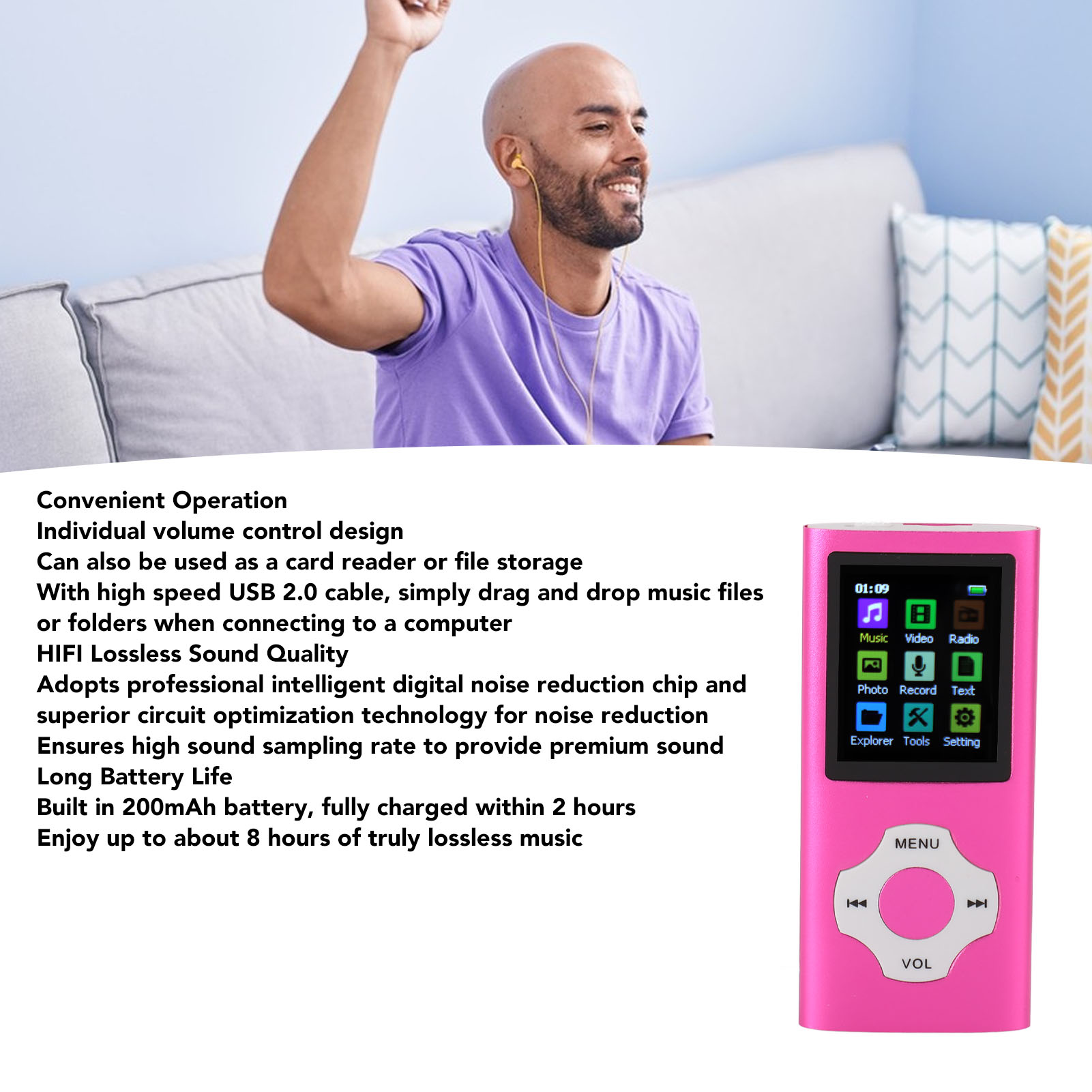 Rosa MP3-Player. Mann im Hintergrund mit Ohrhörern und einer Wasserflasche, Text beschreibt Funktionen.