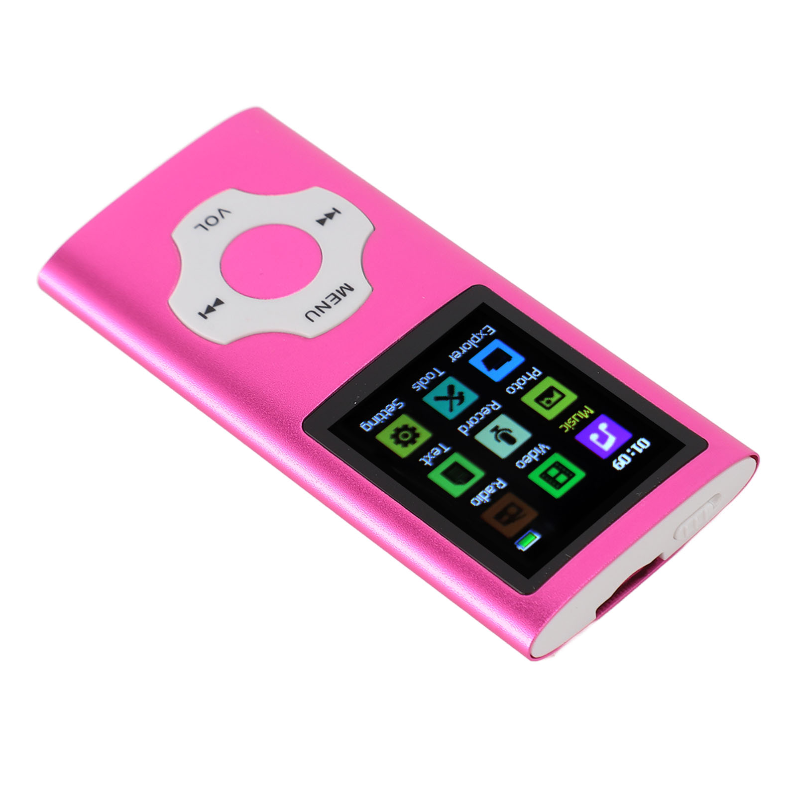 Rosa Mediaplayer mit Bildschirm, der Icons anzeigt, mit Steuertasten.