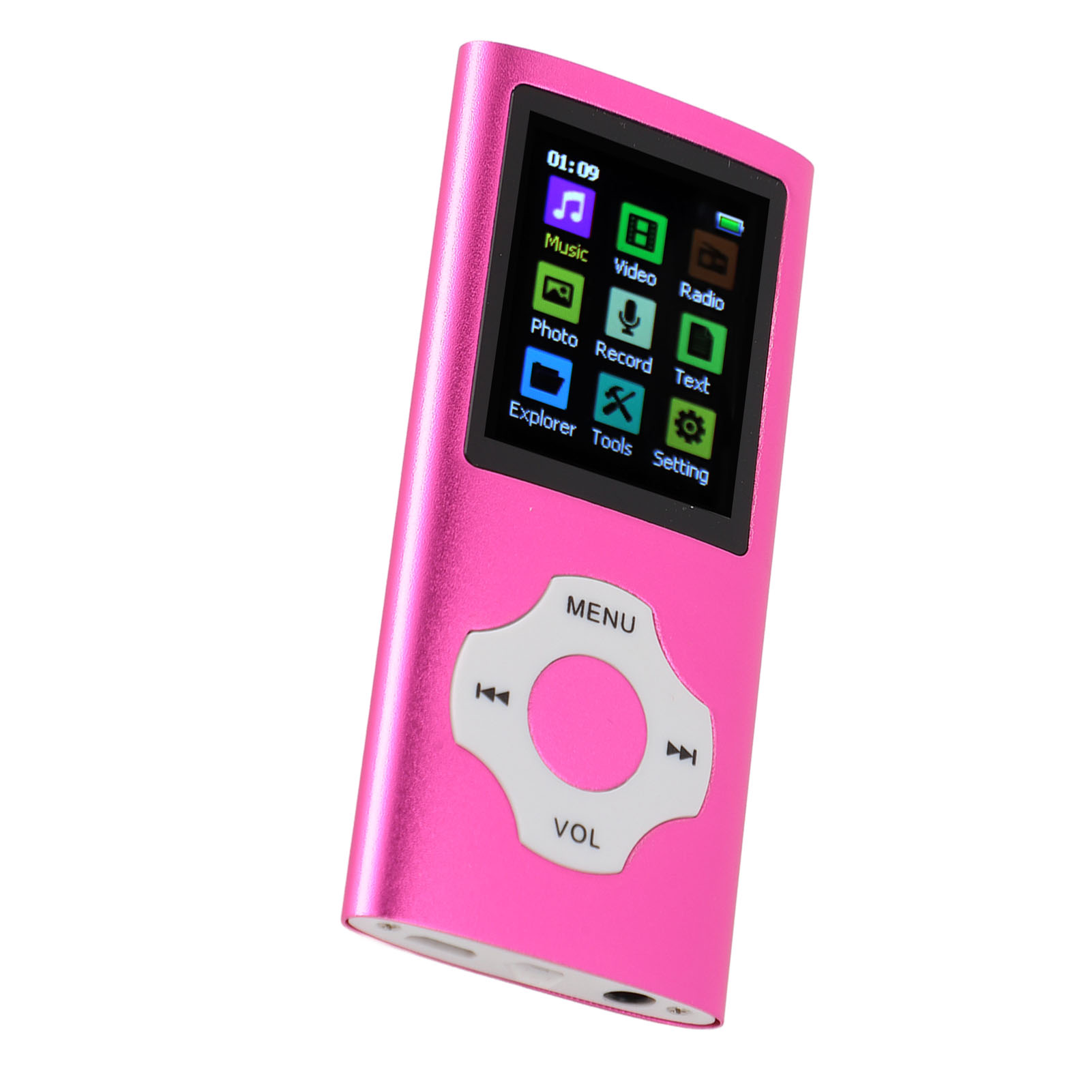 Pinkfarbener MP3-Player mit Bildschirm, der Symbole anzeigt. Text: Musik, Video, Radio, Foto, Aufnahme, Text, Explorer, Einstellungen.