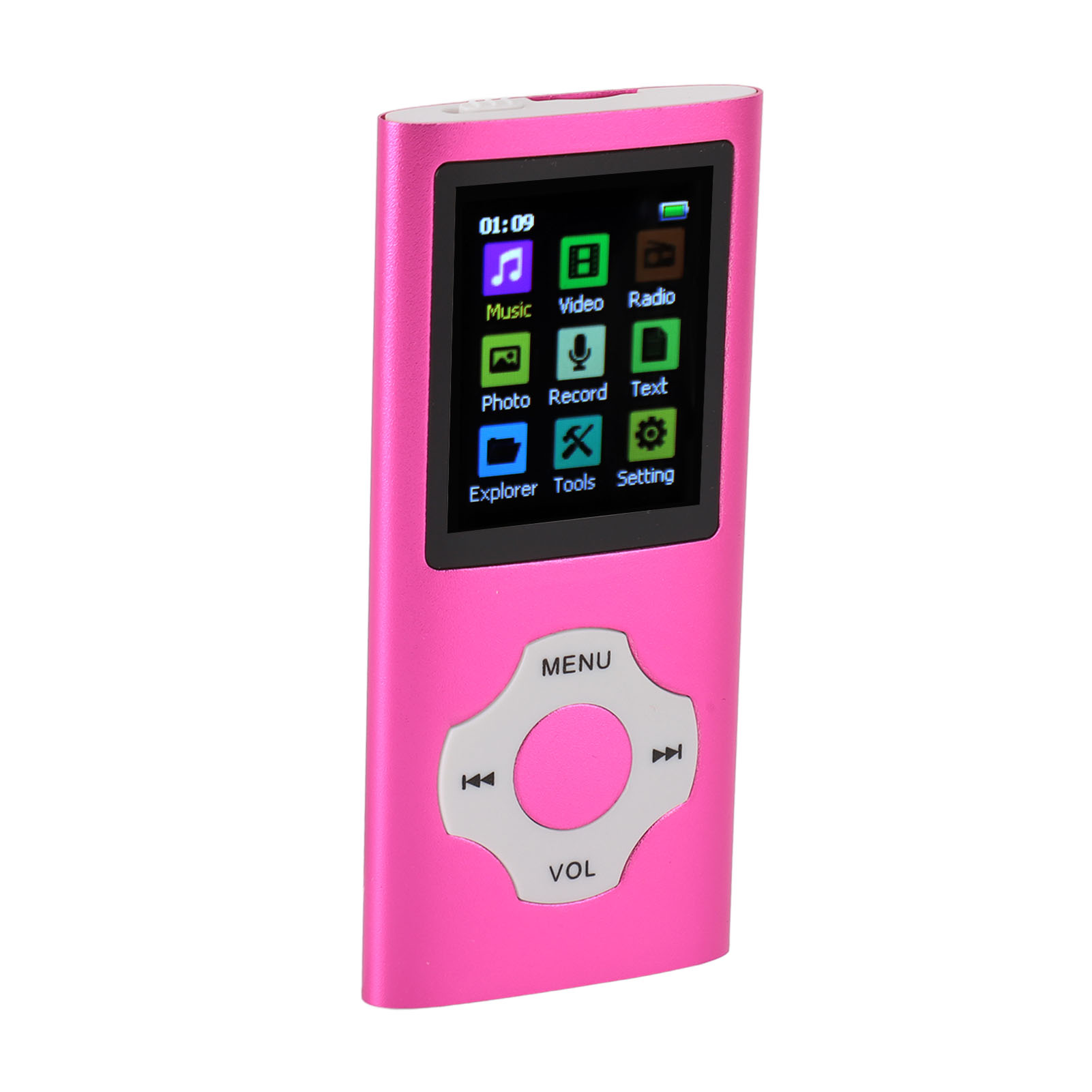 Ein rosafarbener MP3-Player mit Display und Steuertasten, mit Benutzeroberflächen-Symbolen, auf weißem Hintergrund.