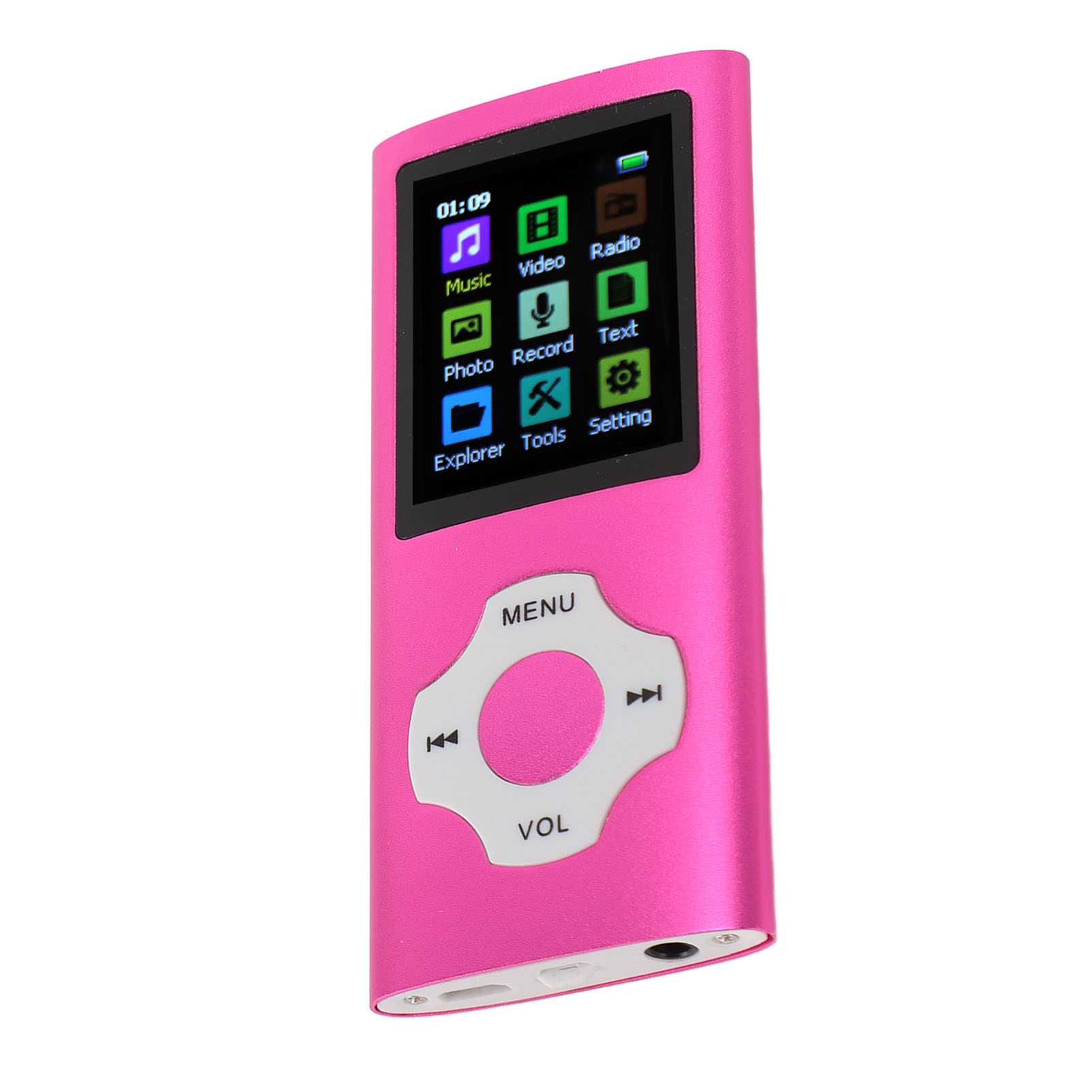 Rosa MP3-Player mit einem Bildschirm, der Musik, Video, Radio und andere Symbole sowie Tasten zeigt.