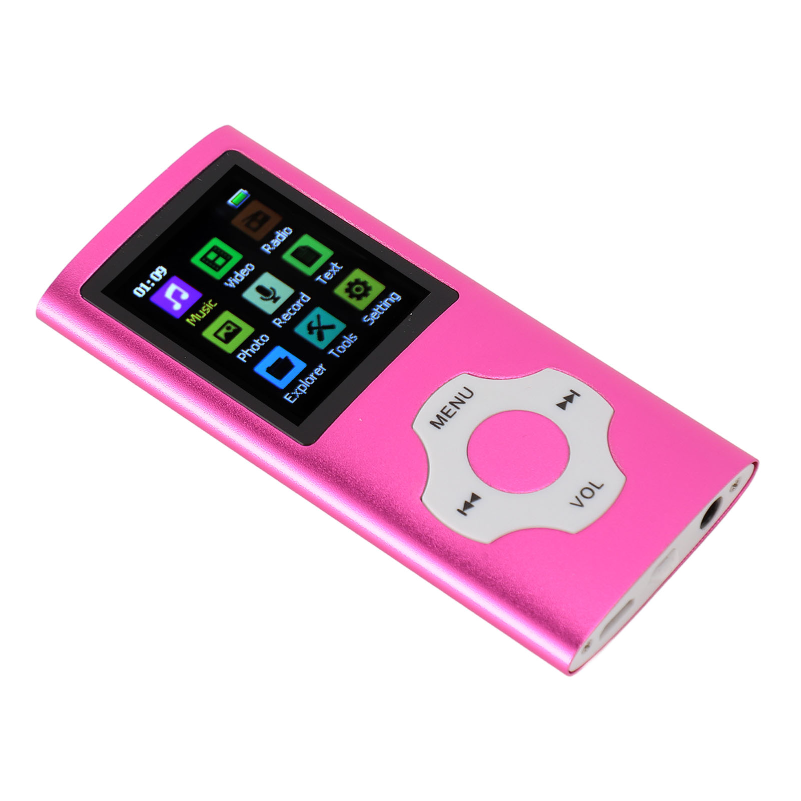 Pinkfarbener MP3-Player mit einem Bildschirm, der Symbole anzeigt. Das Gerät ist auf weißem Hintergrund abgewinkelt.