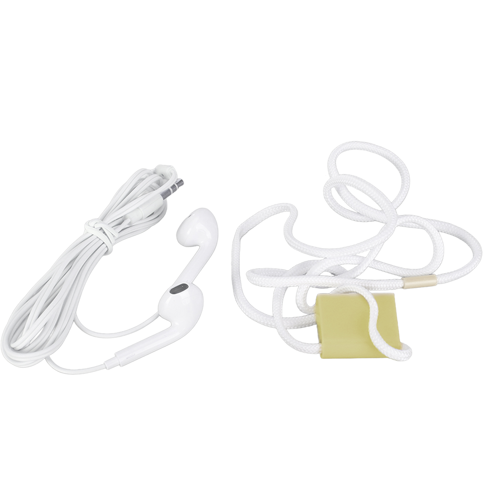 Weiße Ohrhörer mit Kabel und separatem weißen Kabel mit gelbem Clip.
