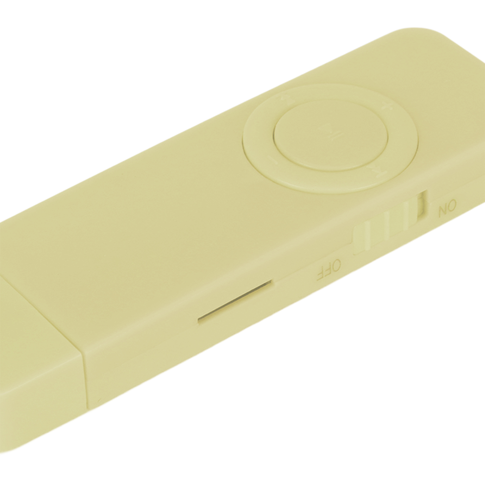 Ein beiges USB-Gerät mit Knopf und Schalter wird nah auf weißem Hintergrund gezeigt.