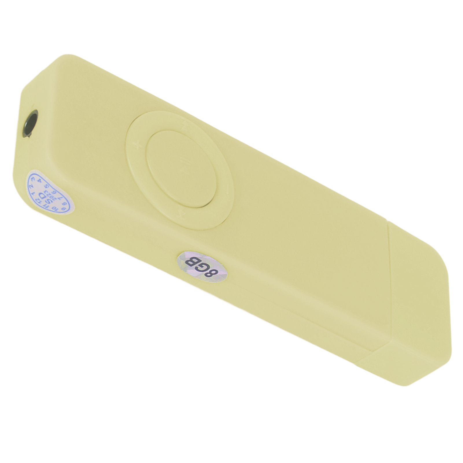 Gelber USB-Stick mit rundem Steuerungsknopf und dem Aufkleber '8GB' an der Seite.