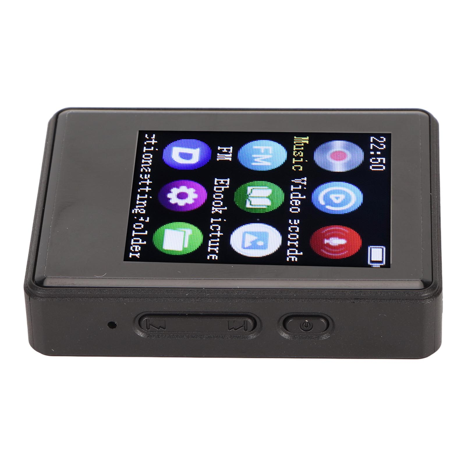 Schwarzer MP3-Player mit Bildschirm, der Symbole für Ordner, FM, eBook und Musik zeigt. Es hat auch die Zeit.