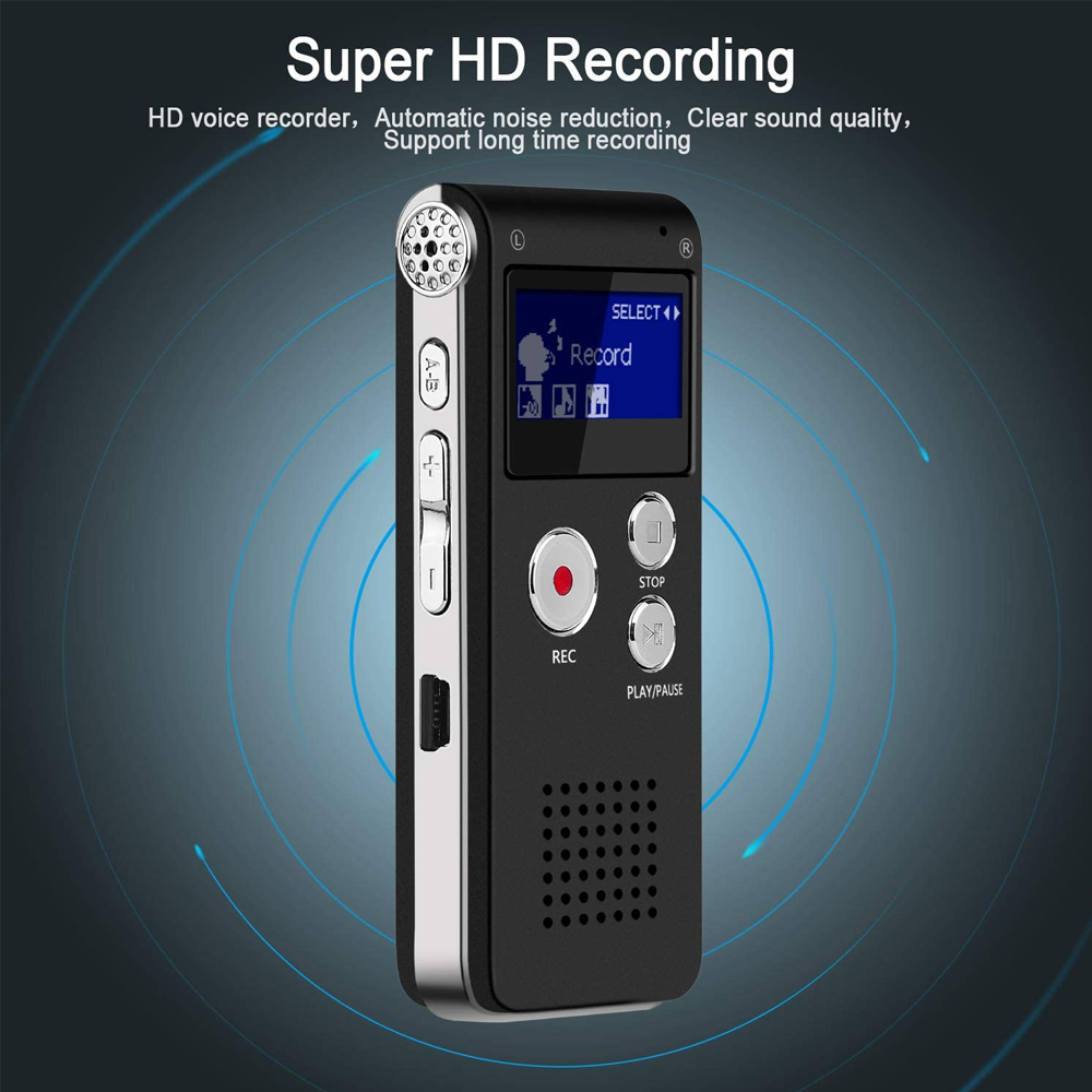 Schwarzer Sprachrekorder mit Bildschirm und Knöpfen. Text lautet: Super HD Recording.