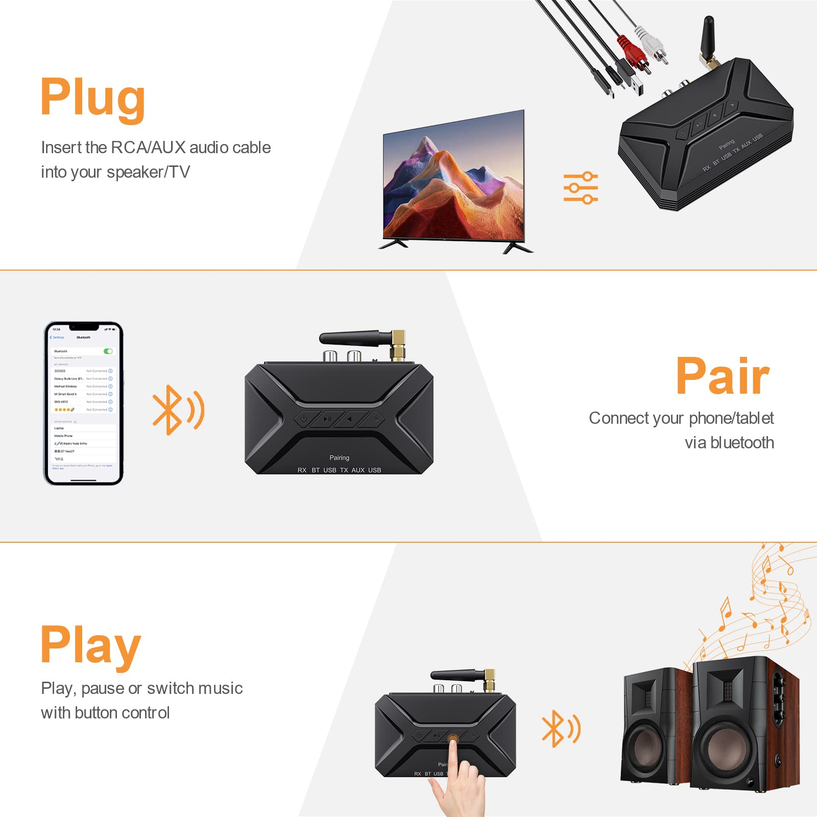 Diagramm zur Verbindung eines schwarzen Audioempfängers mit Geräten.