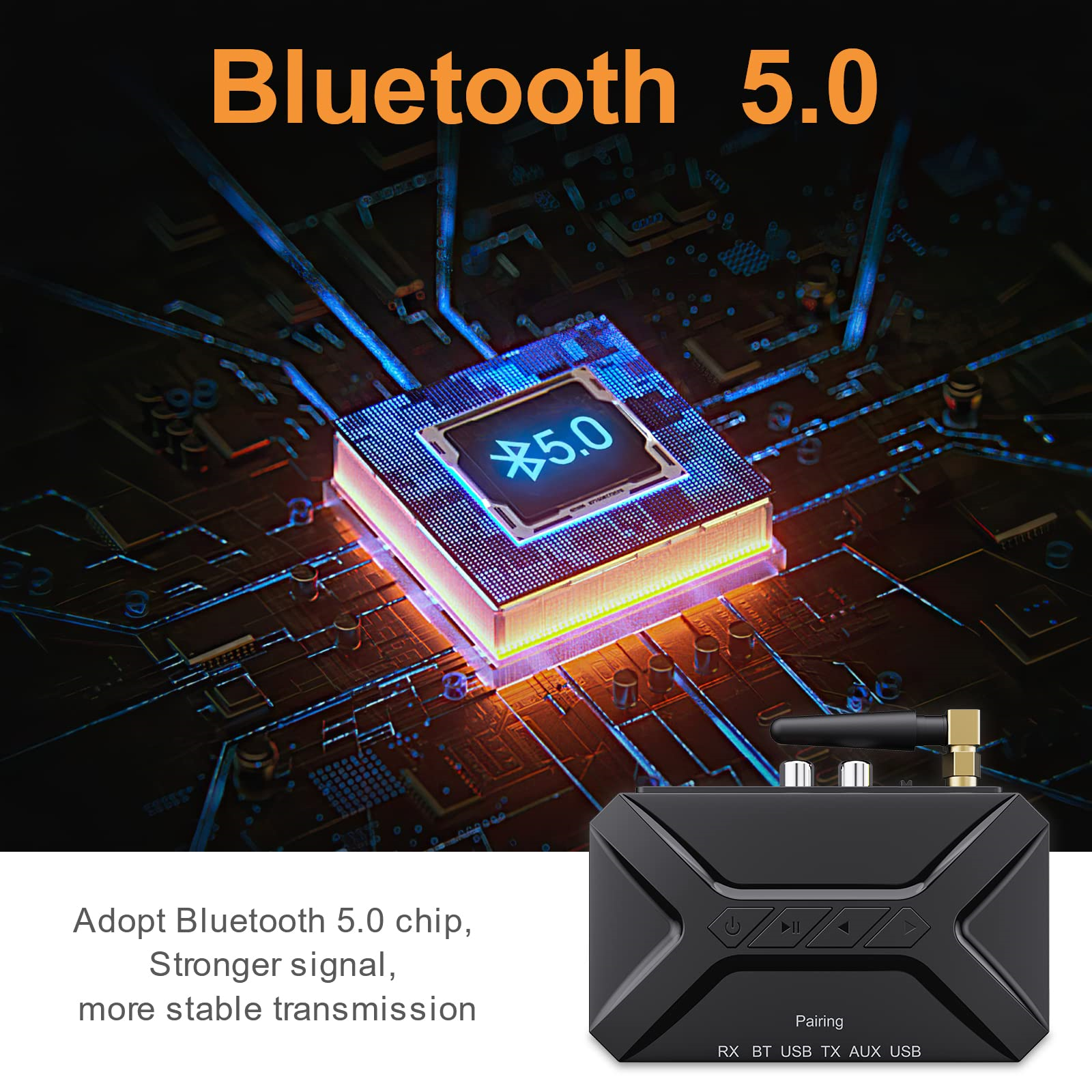 Schwarzes Bluetooth 5.0 Gerät mit Text und Chip-Illustration auf blauem Hintergrund.