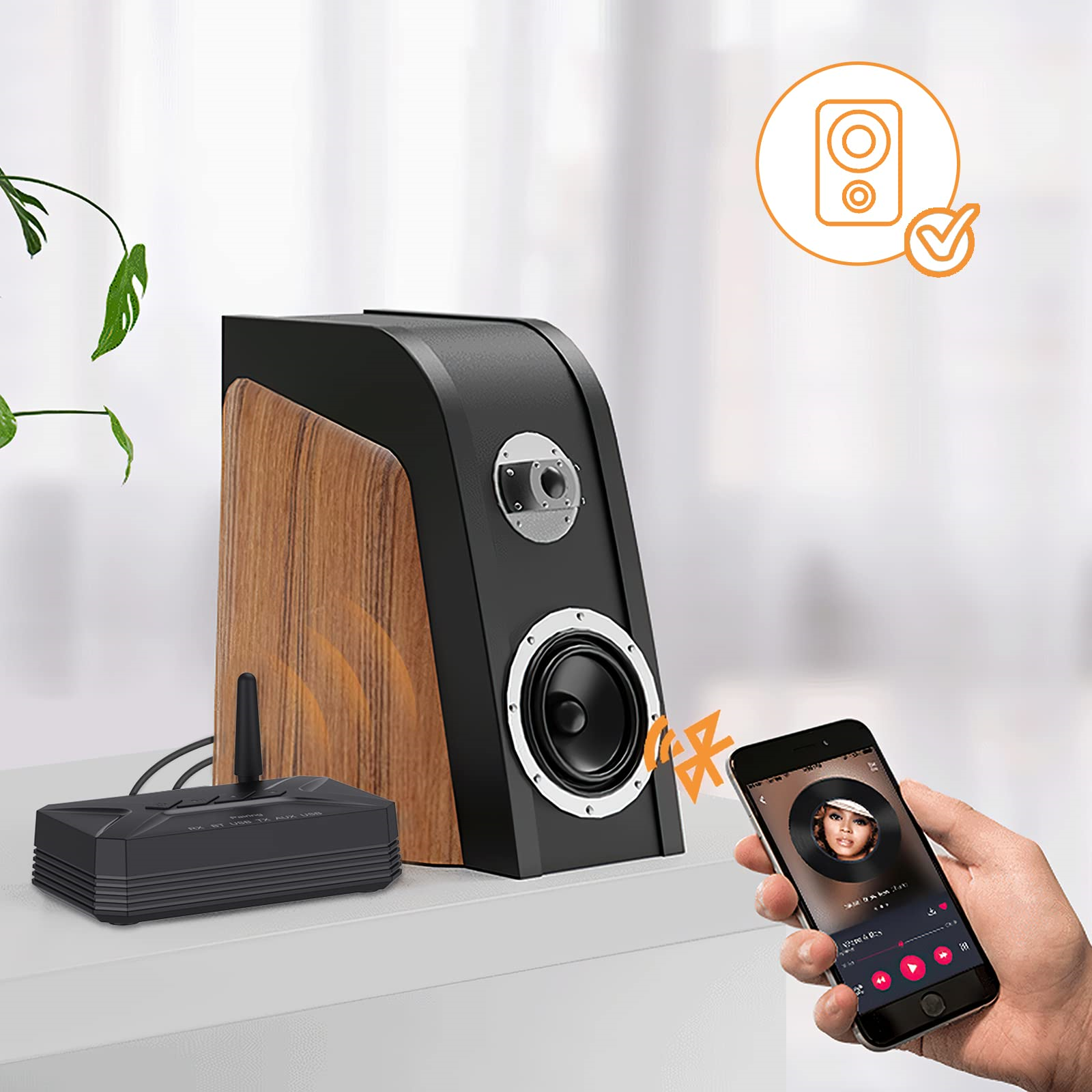 Ein Lautsprecher und Empfänger, die über Bluetooth mit einem Telefon verbunden sind.