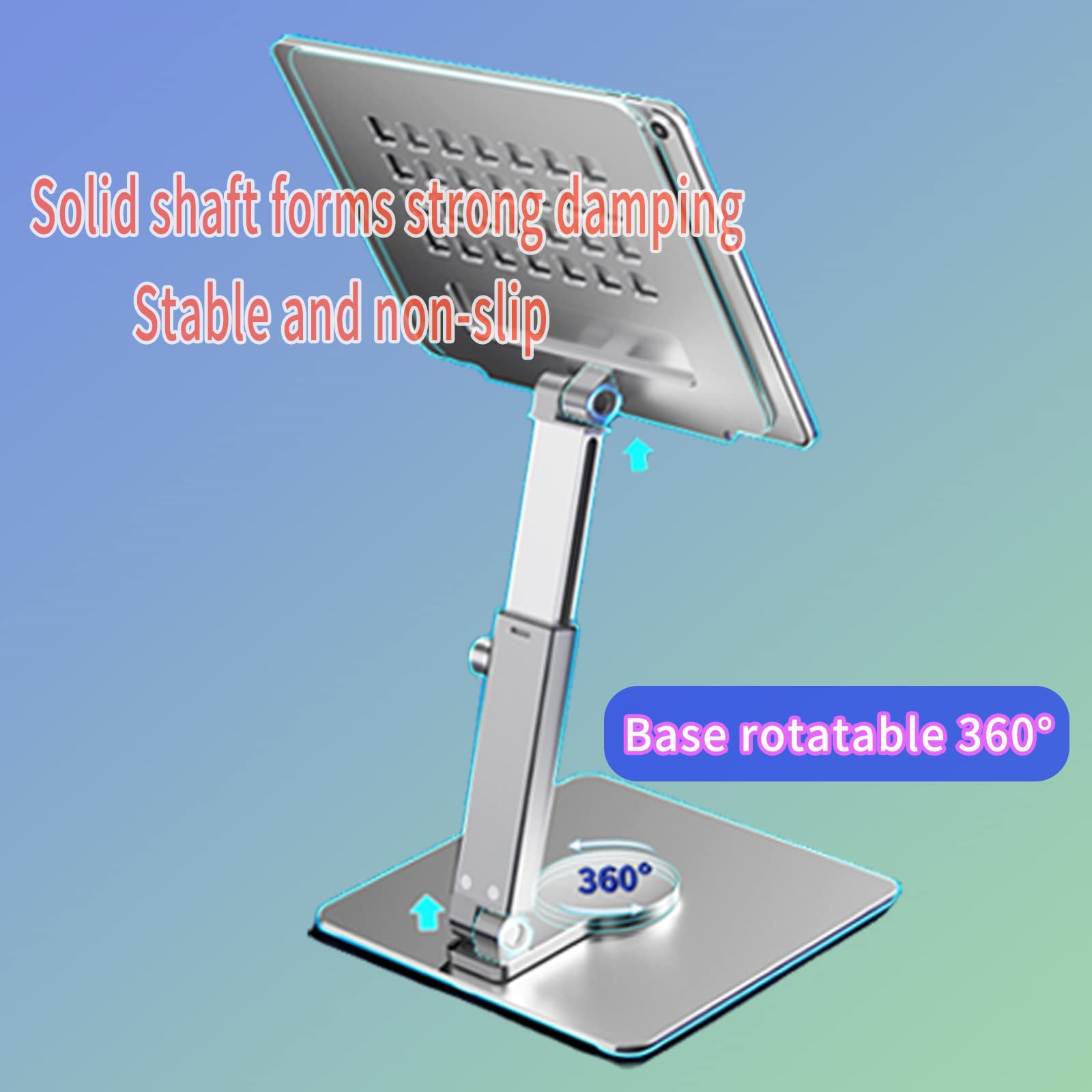 Silberner Tablet-Ständer mit drehbarer Basis. Text-Overlay: Stabil und rutschfest.