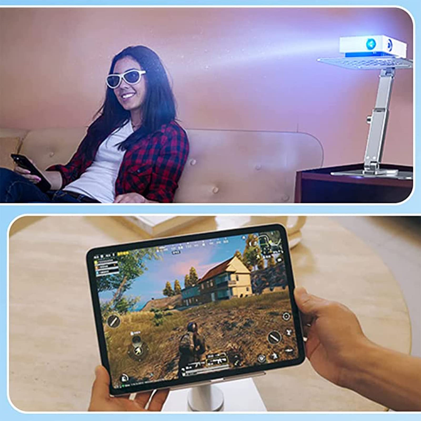Zwei Bilder: eine Frau mit Sonnenbrille betrachtet eine Projektion, und Hände halten ein Tablet beim Spielen.