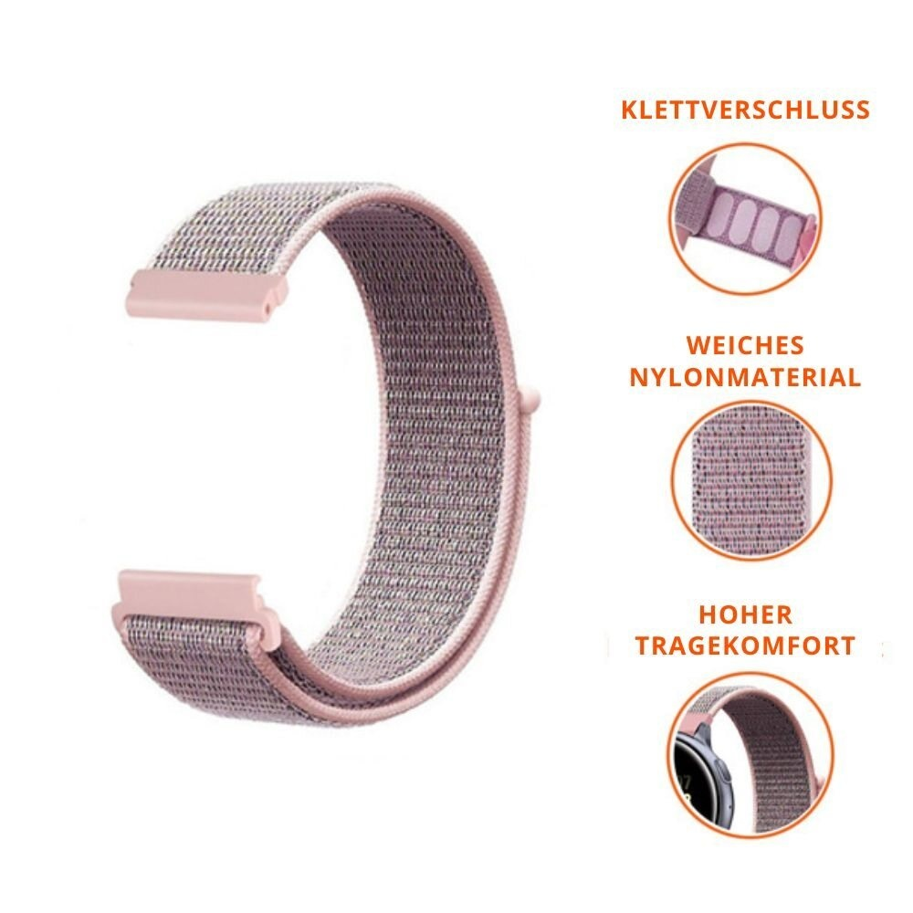 Bild eines Uhrenarmbands mit Klettverschluss. Textlabels beschreiben die Eigenschaften des Armbands.