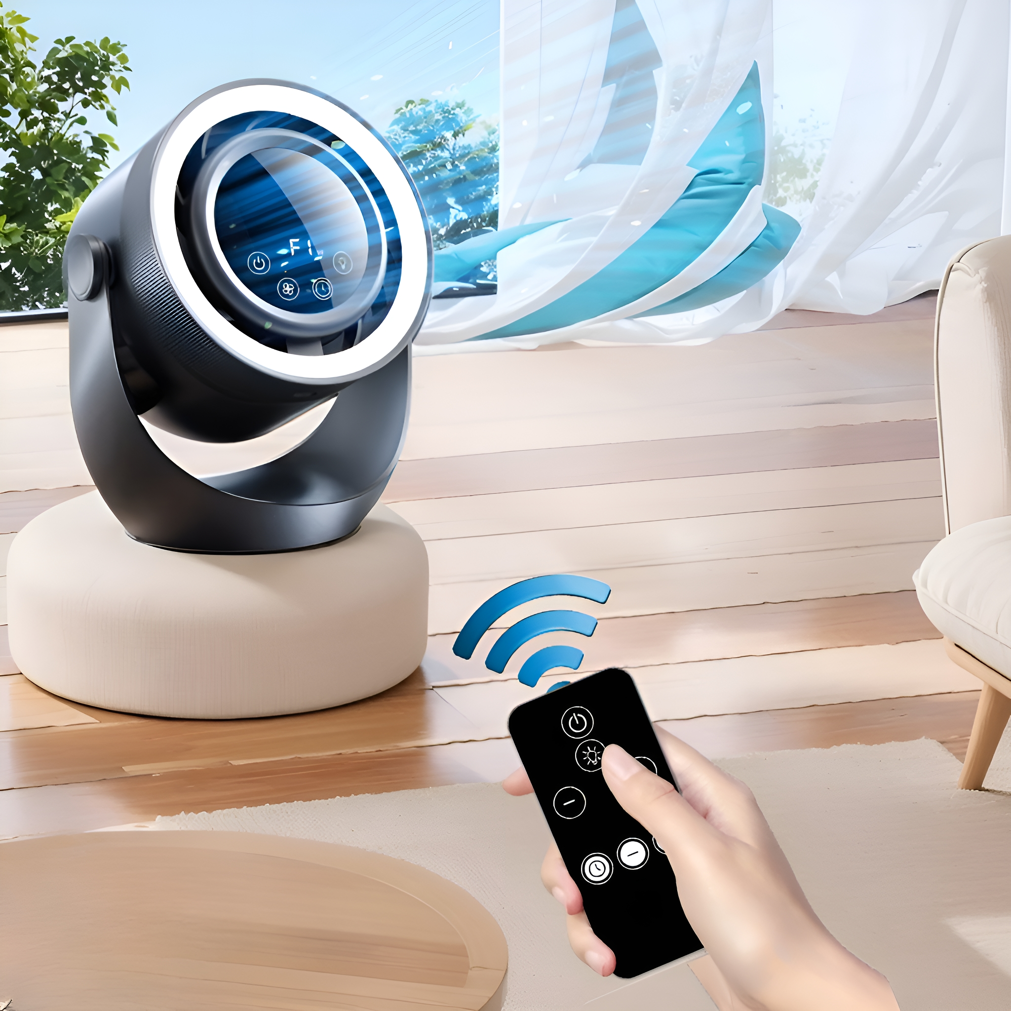 Ein schwarz-weißer Ventilator mit Fernbedienung und Hand, die ihn bedient.