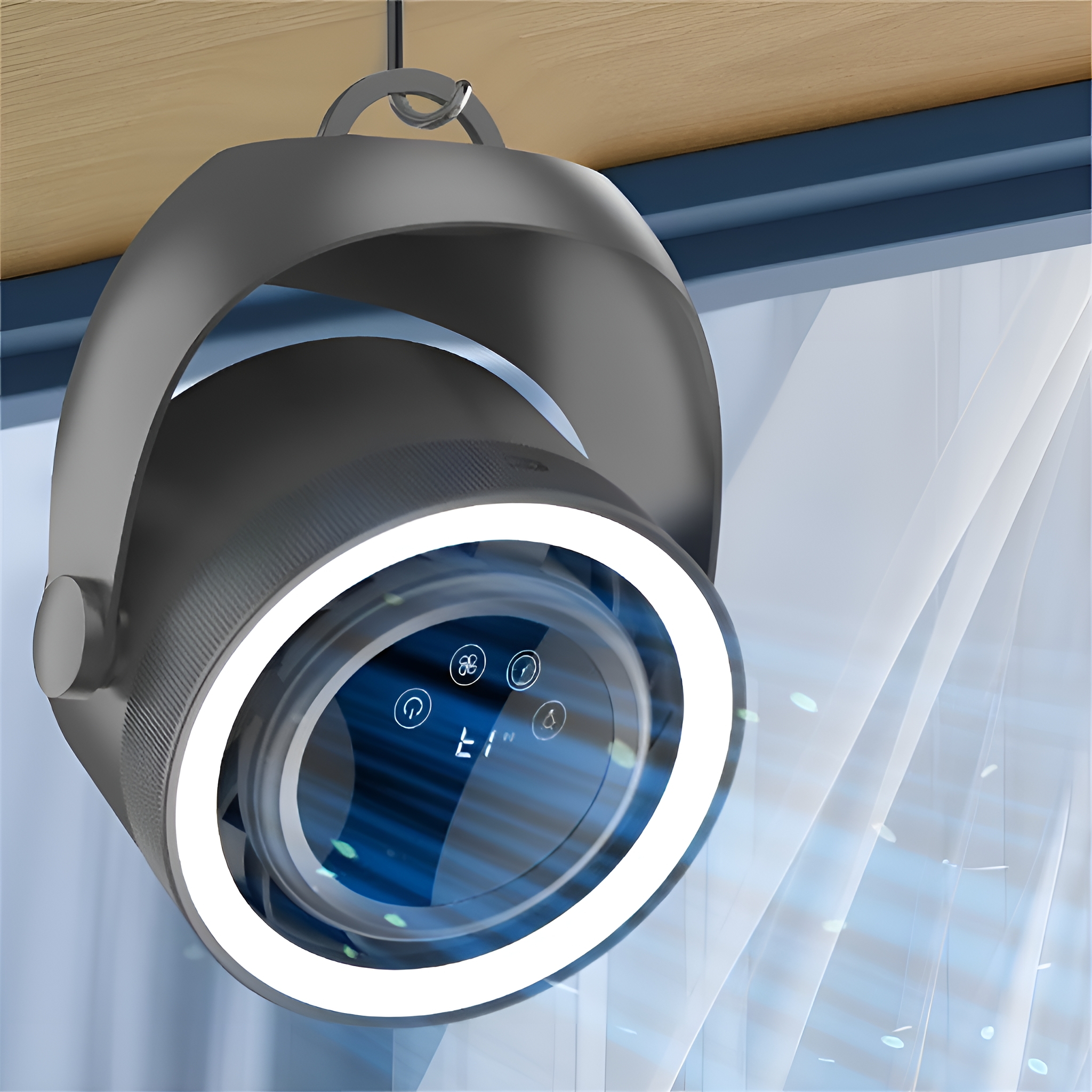 Ein Hängeventilator mit rundem Licht und Display, von der Decke abgehängt.
