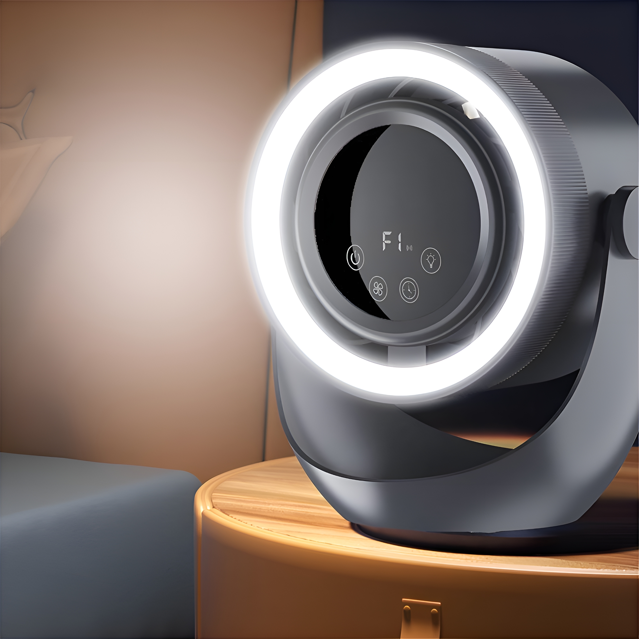 Schwarz-grauer Ventilator mit Ringlicht. Er steht auf einem Tisch mit verschwommenem Hintergrund.