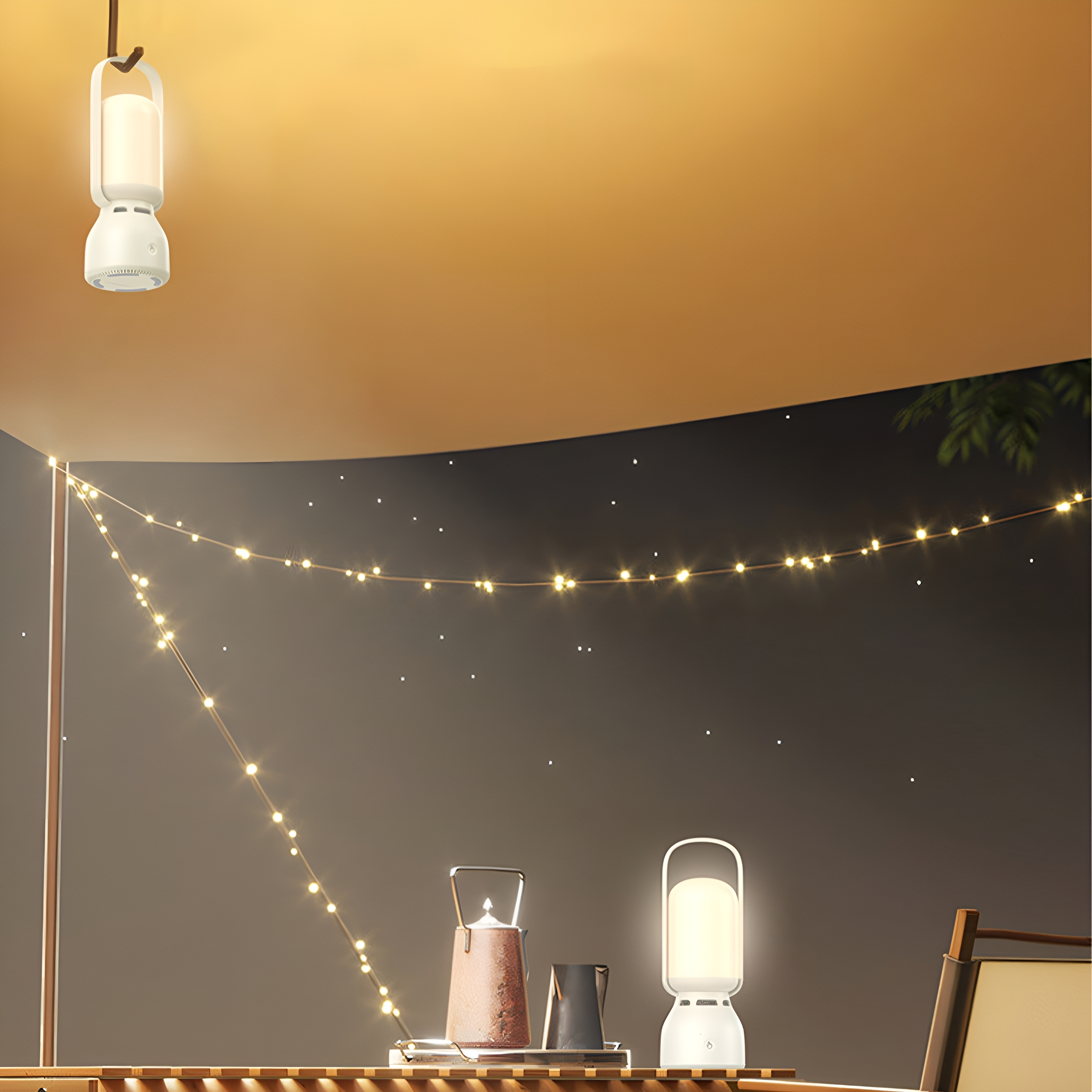 Szene im Freien mit Laternen, Lichterketten und einer Tischdecke.