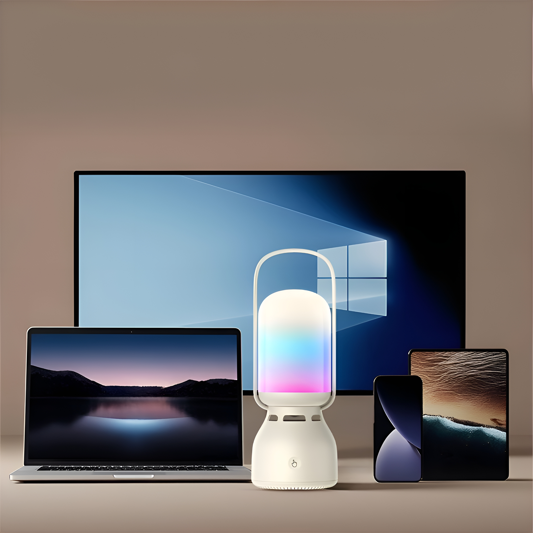 Mehrere Geräte auf einem Tisch. Laptop, Lampe, Telefon, Tablet und Fernseher. Alles auf beiger Oberfläche.