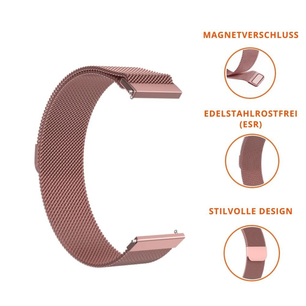 Nahaufnahme eines roségoldenen Uhrenarmbands. Details zeigen den Magnetverschluss, Edelstahl und elegantes Design.