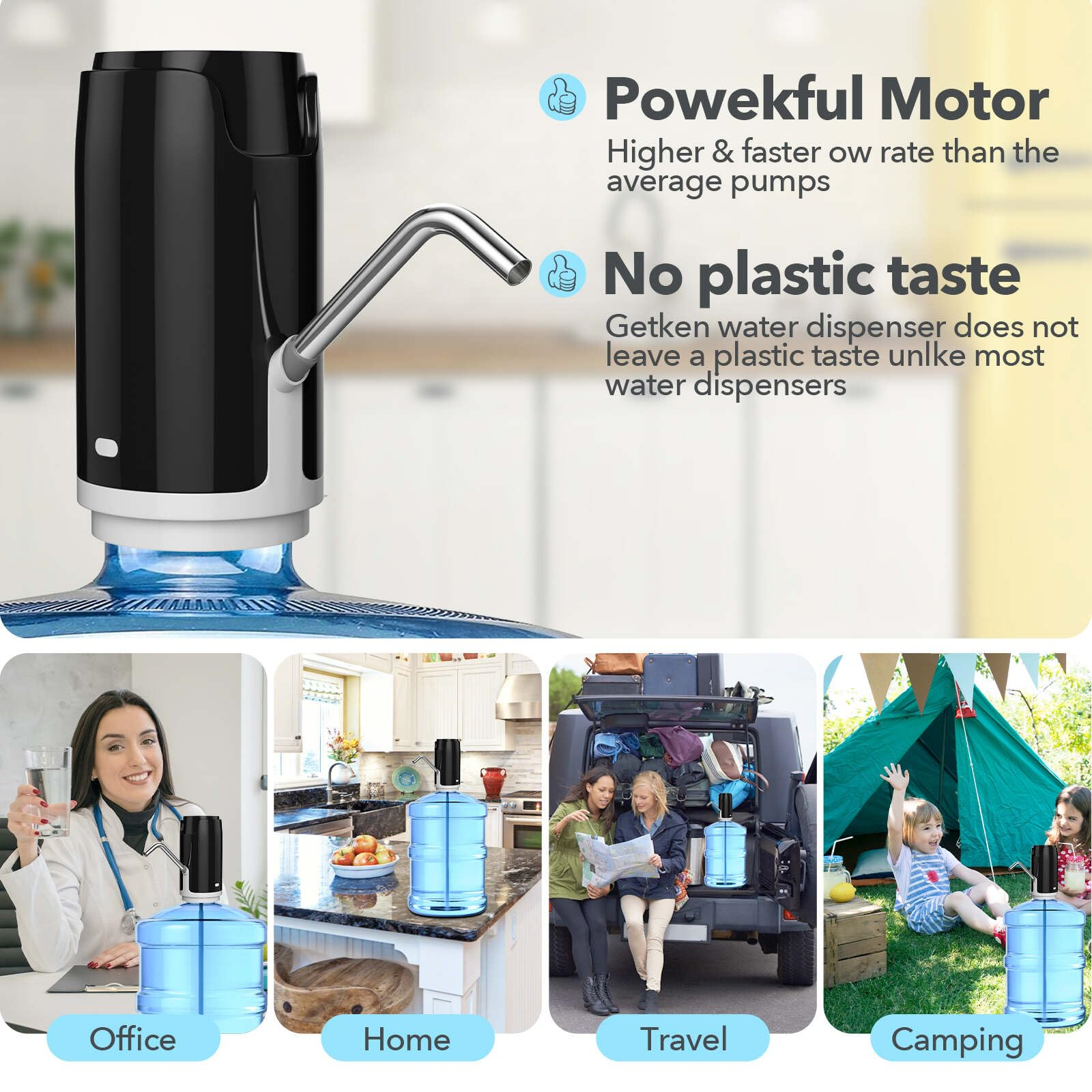 Ein elektrischer Wasserspender mit mehreren Anwendungsfällen. Menschen im Büro, zu Hause, auf Reisen und beim Camping.