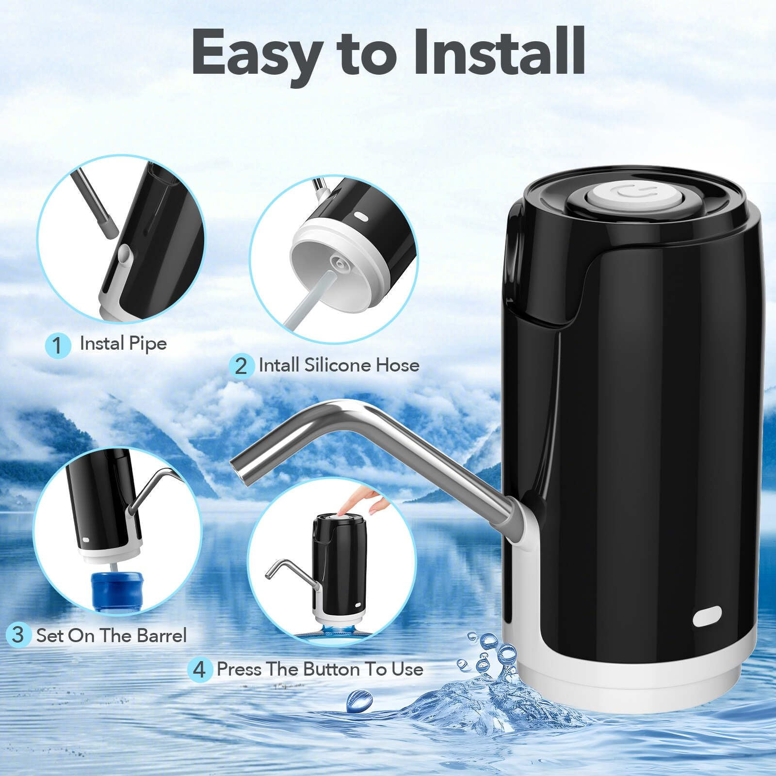 Ein schwarz-weißer Wasserspender mit Gebrauchsanweisung. Es zeigt eine Pumpe und fließendes Wasser.