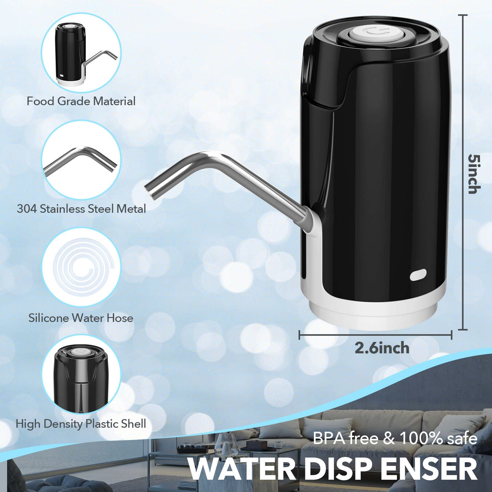 Schwarz-weißer Wasserspender mit Etiketten, die Komponenten zeigen. Er hat einen Ausguss.