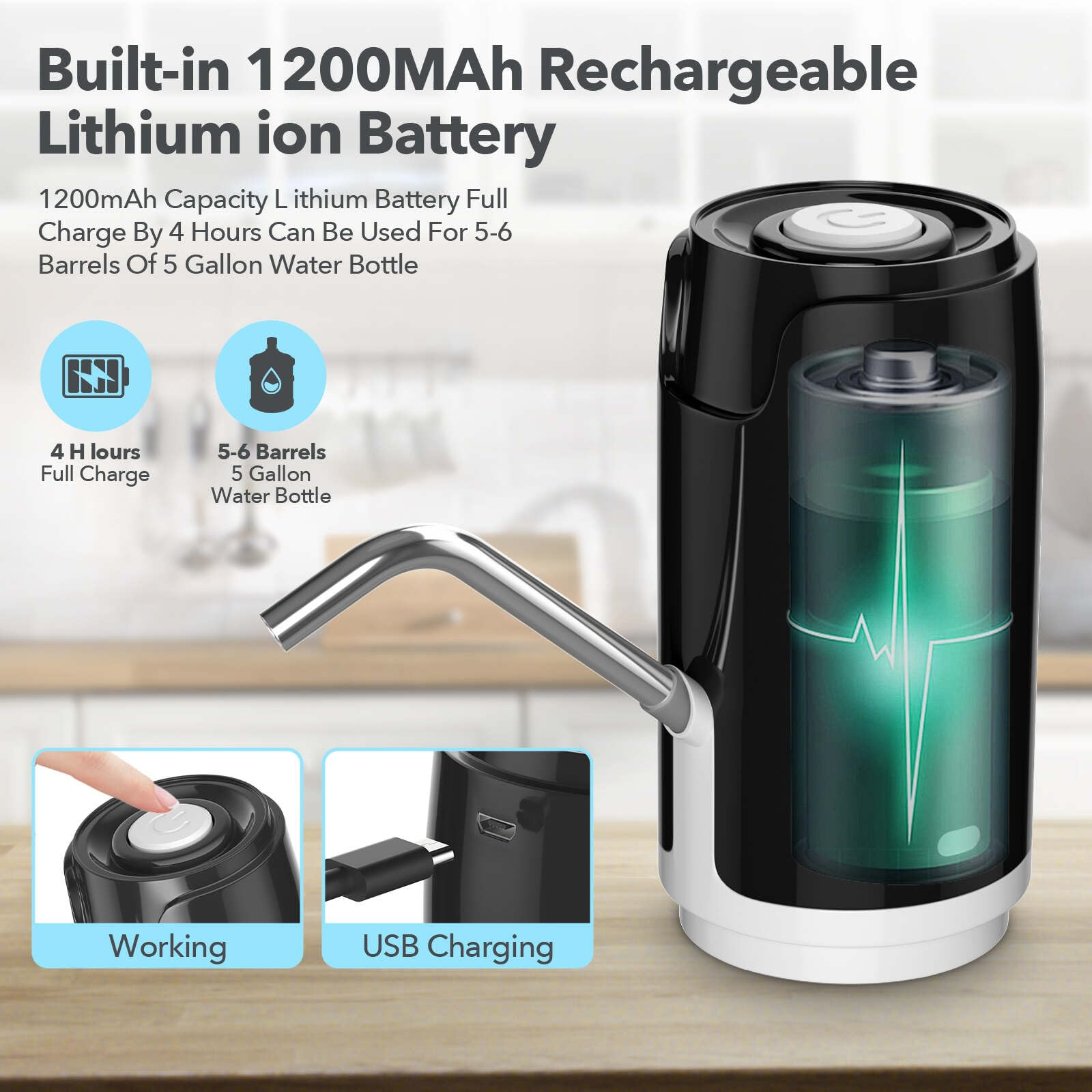 Wasserflaschenspender mit wiederaufladbarem Akku und USB-Ladeanschluss.