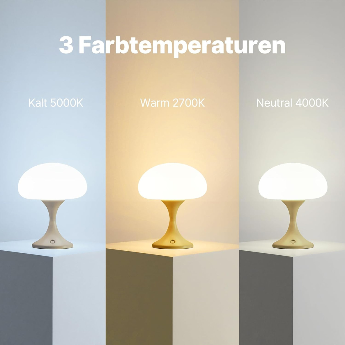 Drei pilzförmige Lampen mit unterschiedlichen Lichttemperaturen auf weißen Oberflächen.