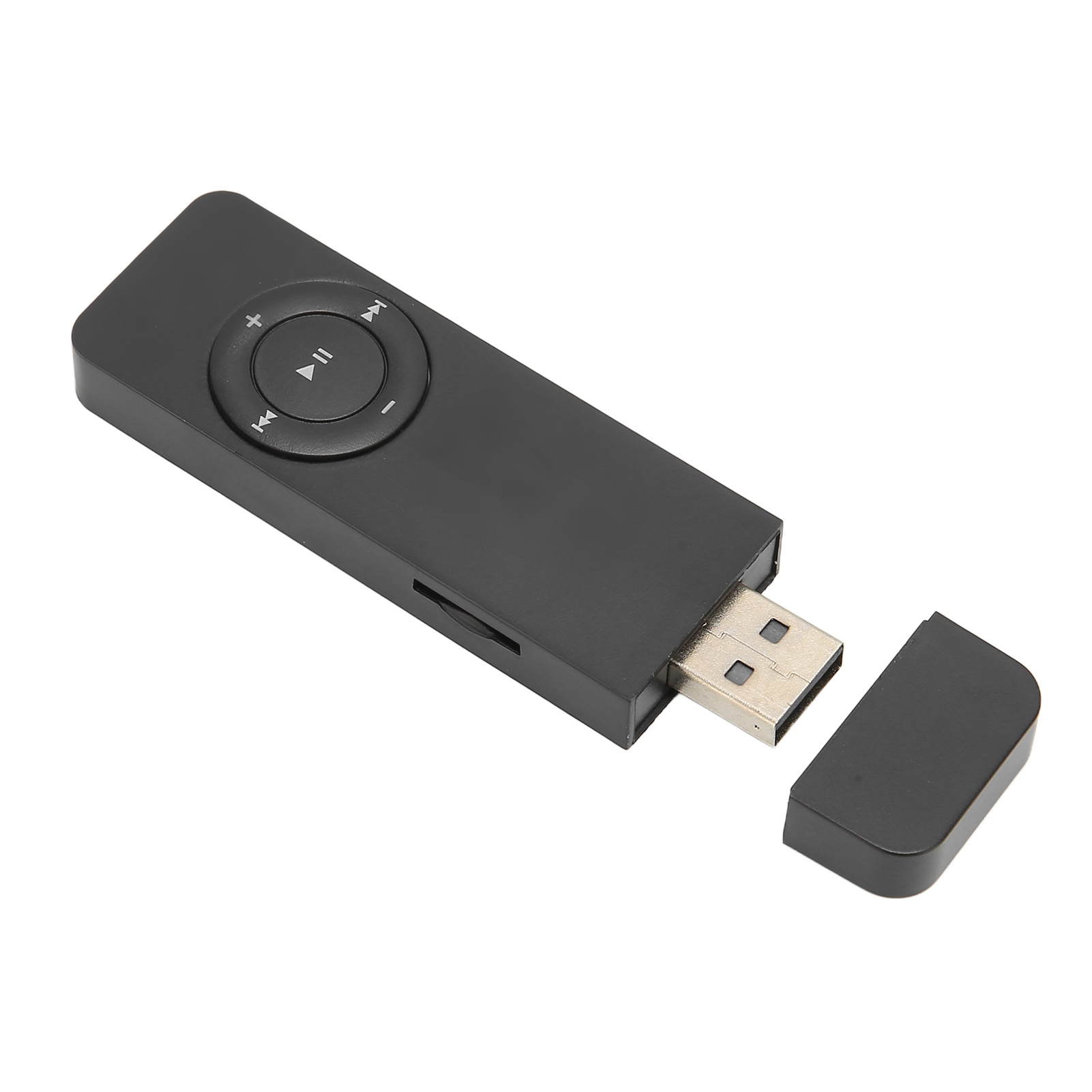 Schwarzer USB-MP3-Player mit Knöpfen und USB-Anschluss sowie abnehmbarer Kappe.