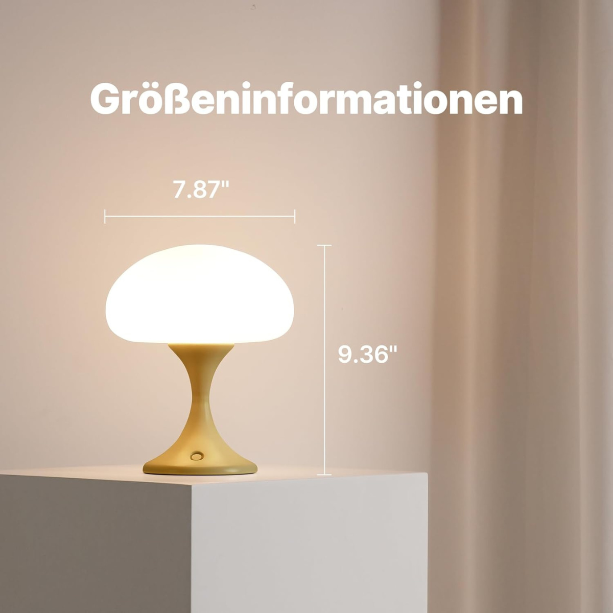 Eine pilzförmige Lampe auf weißer Oberfläche, mit den Maßen 7,87" und 9,36".