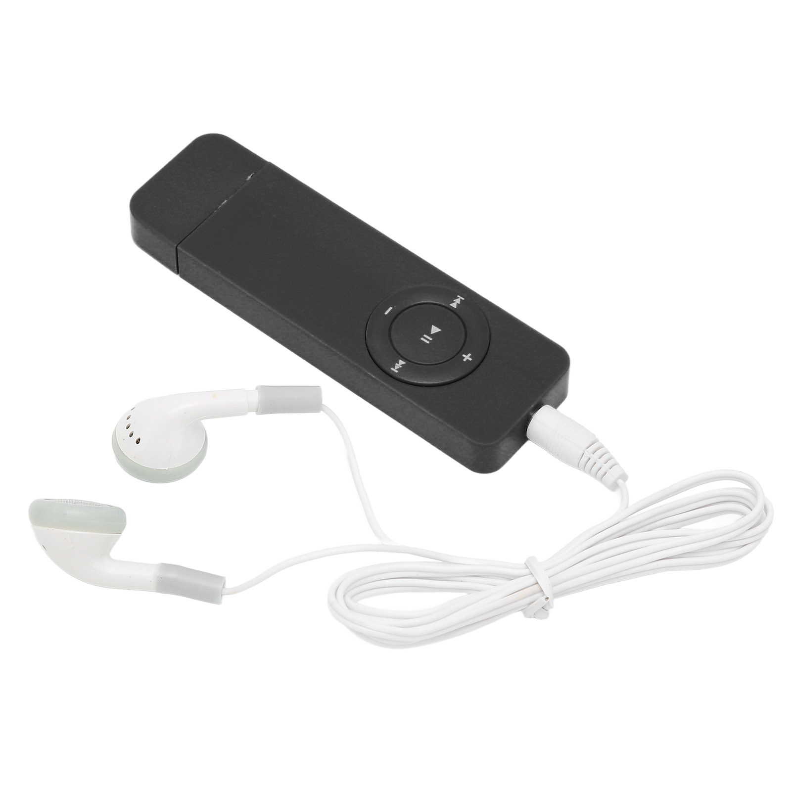 Schwarzer MP3-Player mit weißen Ohrhörern. Der Player hat Steuertasten und ein weißes Kabel.