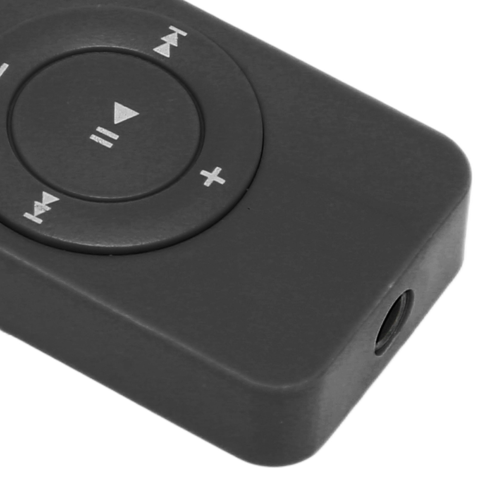 Dunkelgraue MP3-Player-Steuerung mit mittlerer Taste, Plus- und Zurück-Tasten und Kopfhöreranschluss.