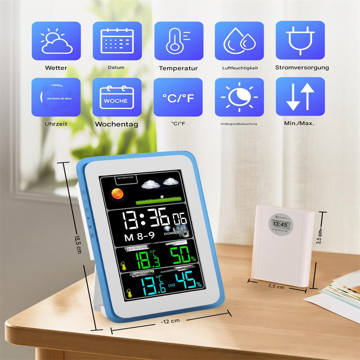 Intelligente Wetterstation mit Haupteinheit und kleiner externer Einheit, Icons. Blau und weiß.