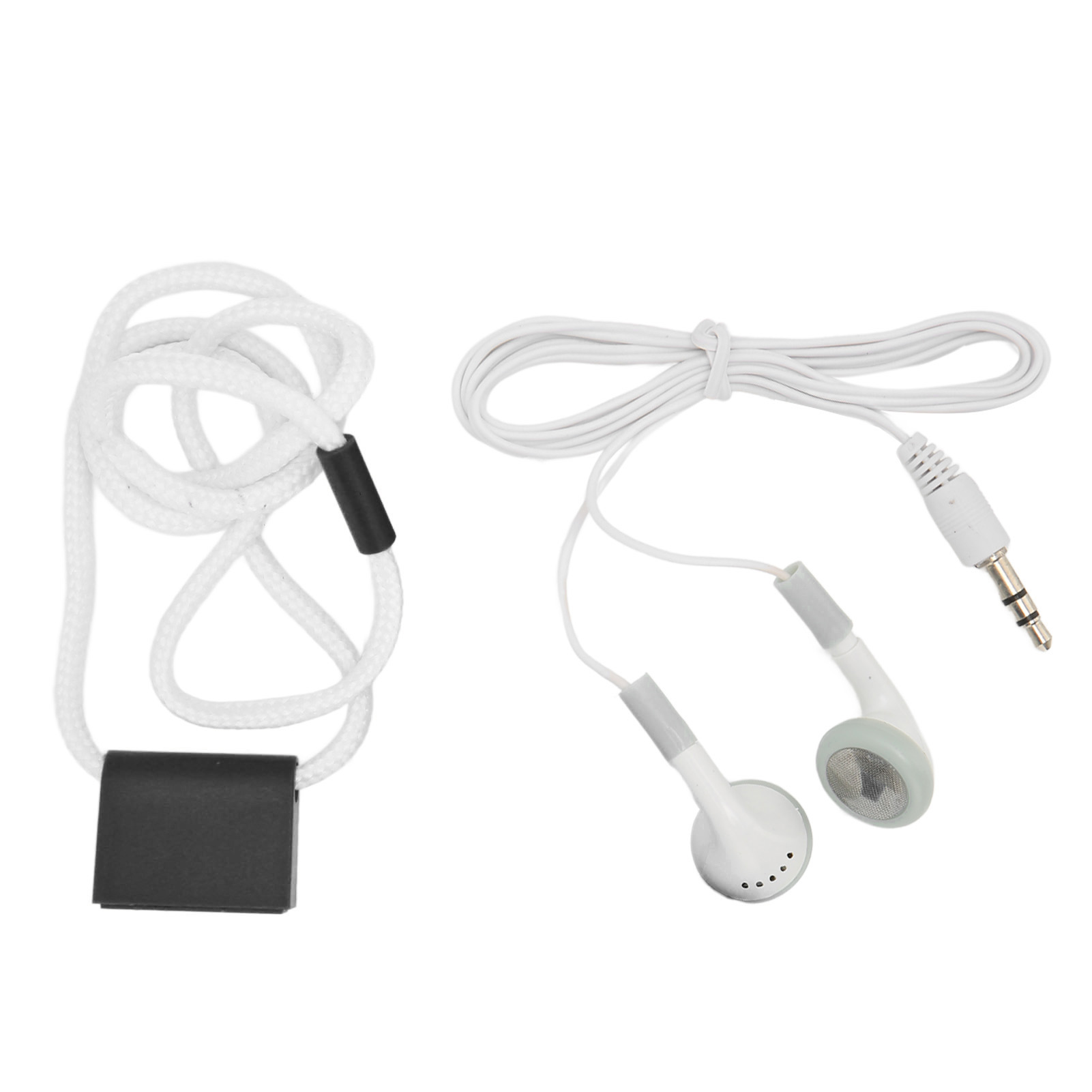 Weiße Ohrhörer mit weißem Kabel und schwarzem Kabel mit Nackenriemen.